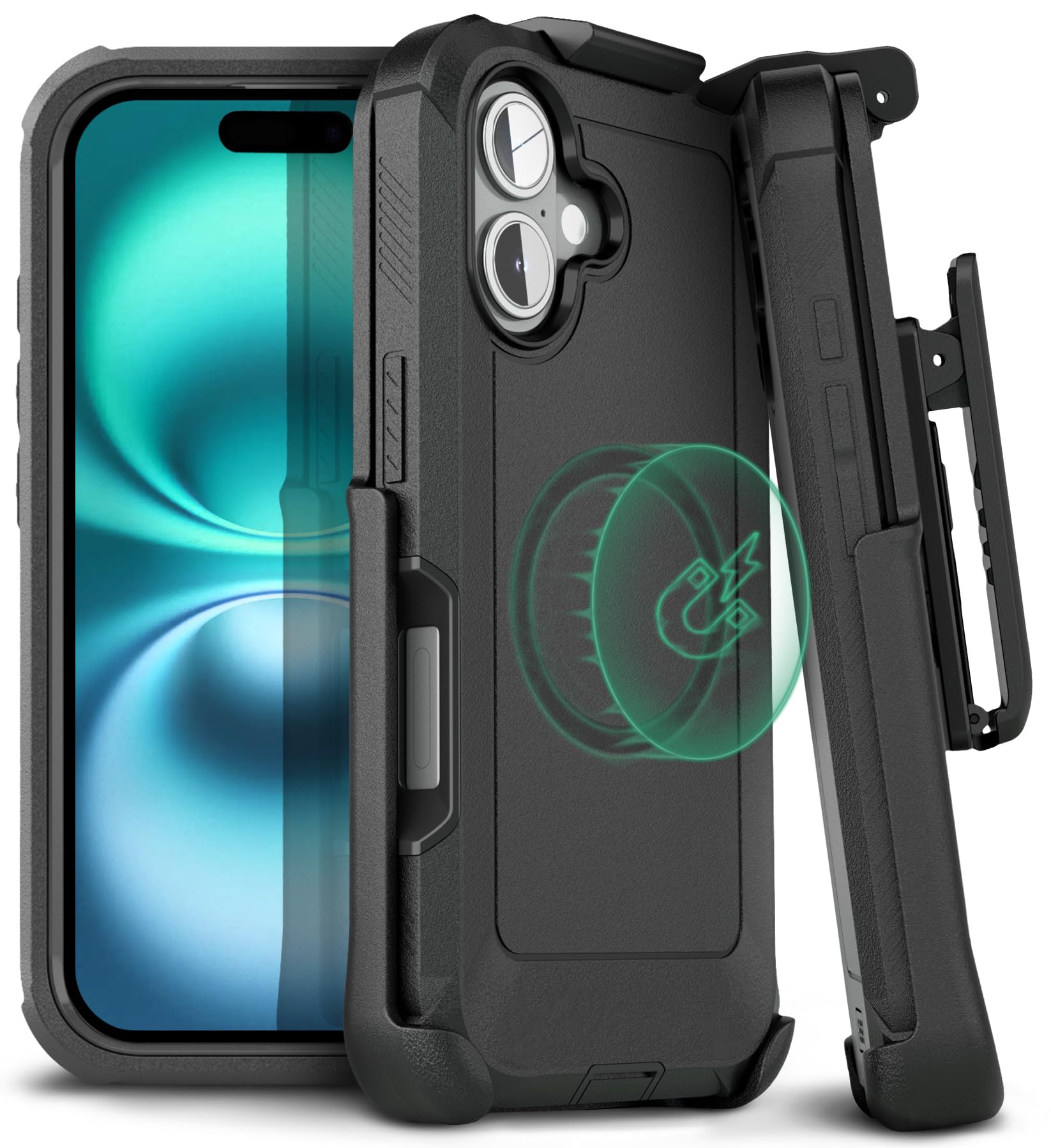 MOTIVE Designed for iPhone 16 Case with Belt Clip Magnetic Case Magsafe Compatible Heavy Duty and Quad Layer