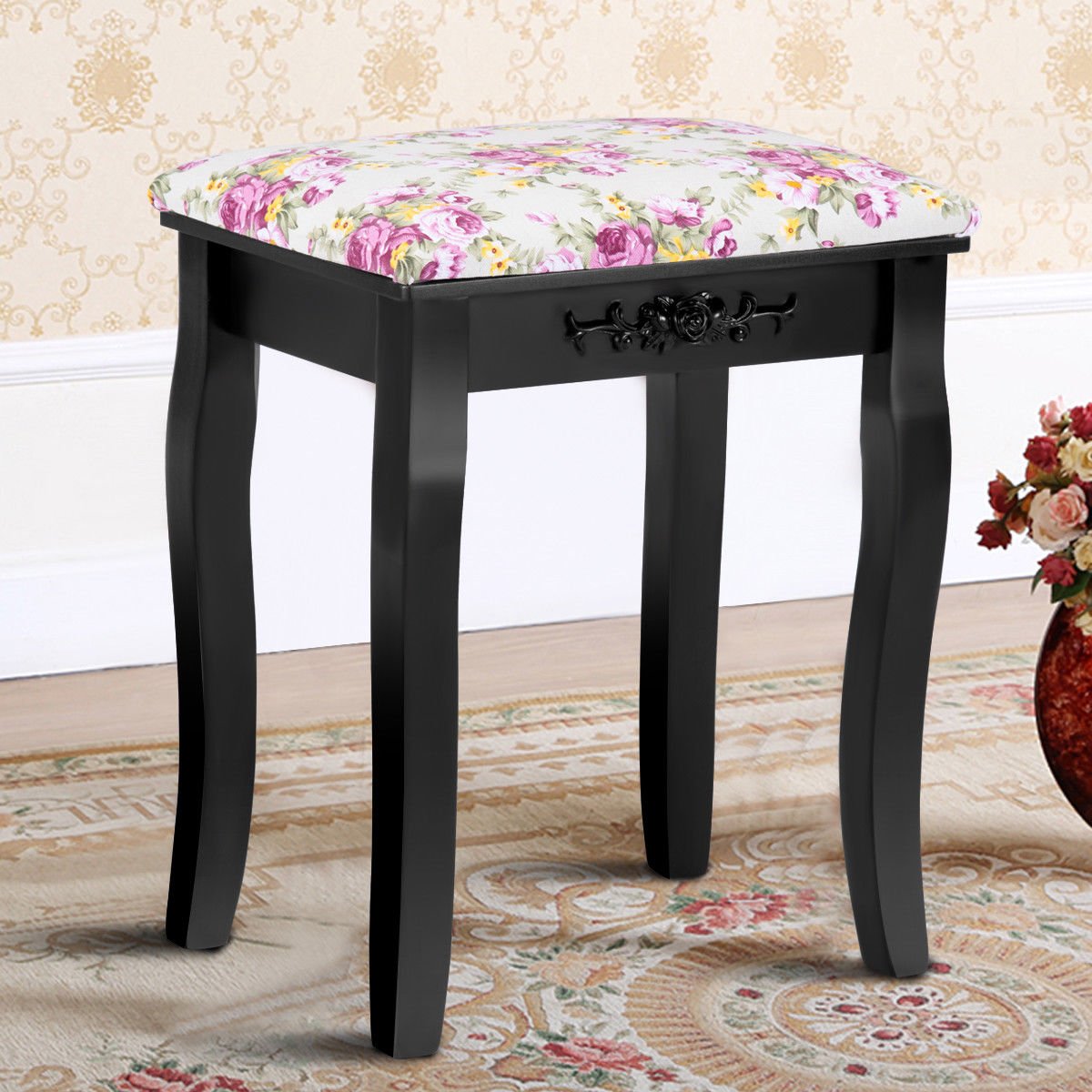 Casart Vanity Stool Wood Dressing Padded Chair Makeup Piano Seat Make Up Bench with Rose Cushion (Black)