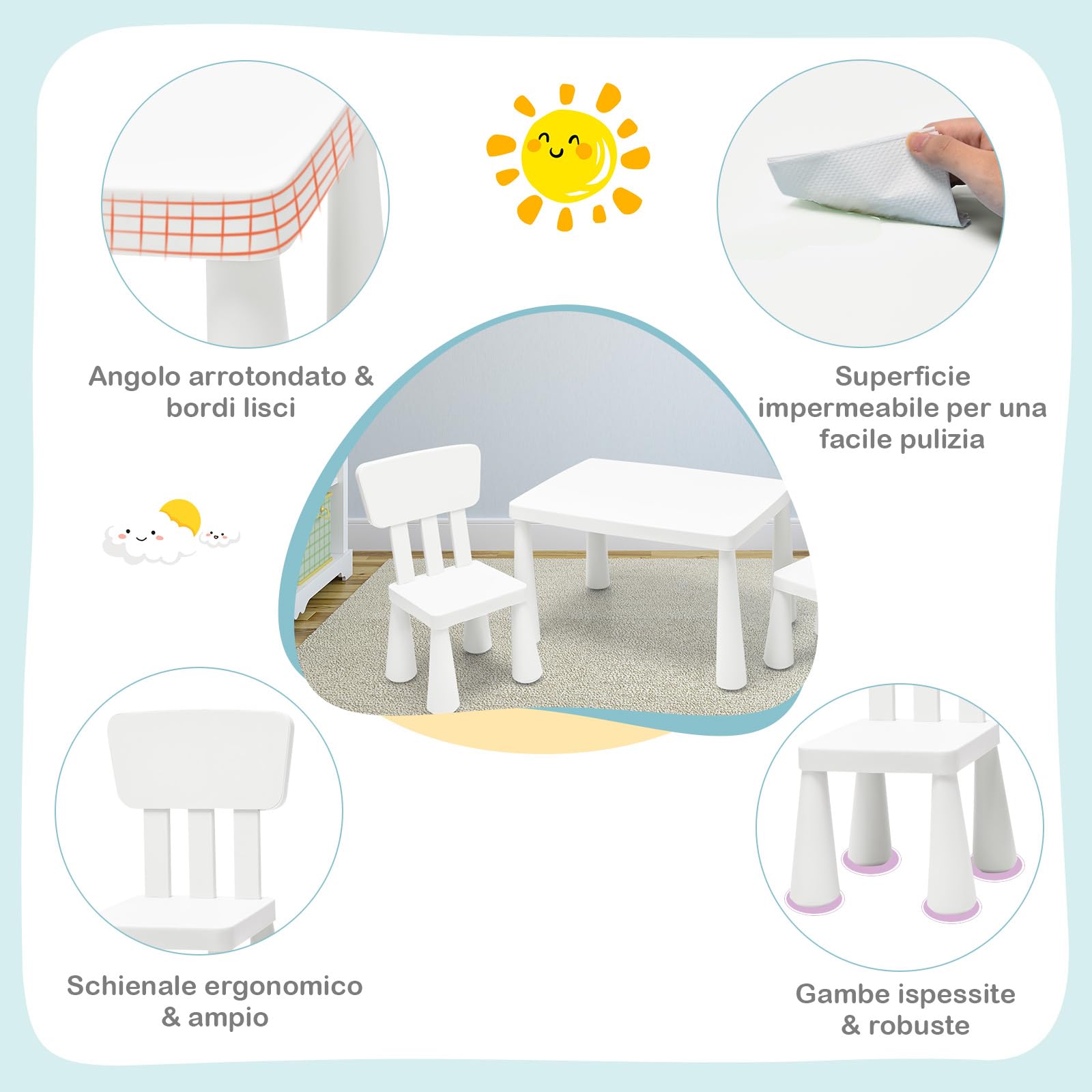 RELAX4LIFE Mesa y Silla Infantil de PP, Mesa Infantil con 2 Sillas, Respalda Ergonómica y Bordes Redondeados para Escribir, Leer, Jugar y Comer, Mesa Infantil con Sillas para Niños 1-7 Años (Blanco)