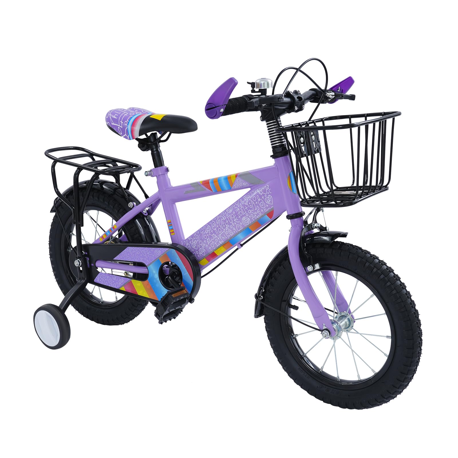 Vélo pour enfant de 14 pouces avec siège arrière, vélo pour enfants avec panier et roues stabilisatrices, vélo pour enfants à partir de 3 ans, garçons et filles, hauteur réglable