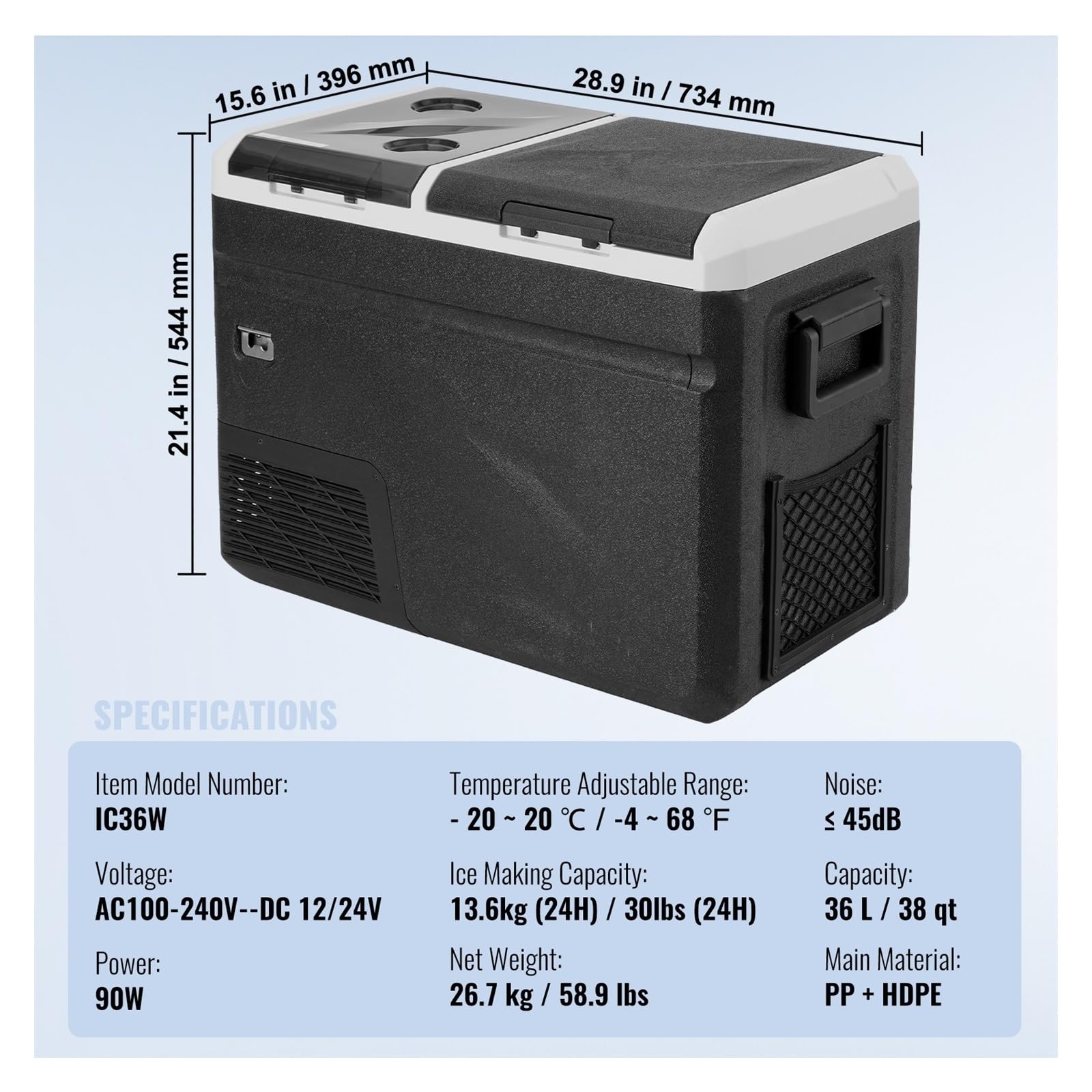 Refrigerador for Auto de 12 voltios, 38 Cuartos, congelador portátil de Doble Zona, compresor de Temperatura Ajustable.