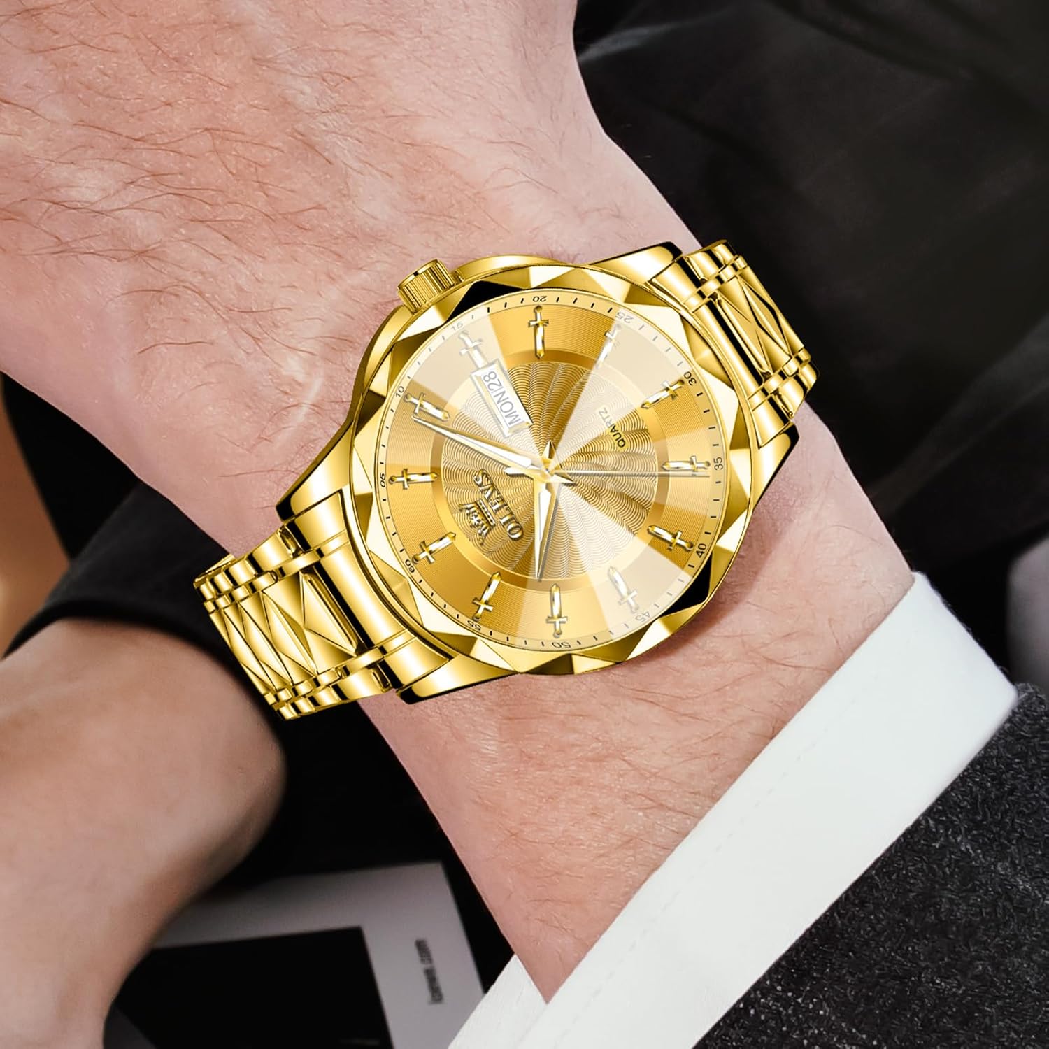 OLEVS Watch for Men Luxury Dress Waterproof Analog Quartz Watch Minimalist with Date Day Stainless Steel Watch 41mm Big Face for Large Wrist Reloj para Hombre