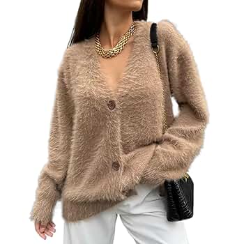 JOLILUNA Mohair Sweater Oversized Fuzzy Cardigans V Neck