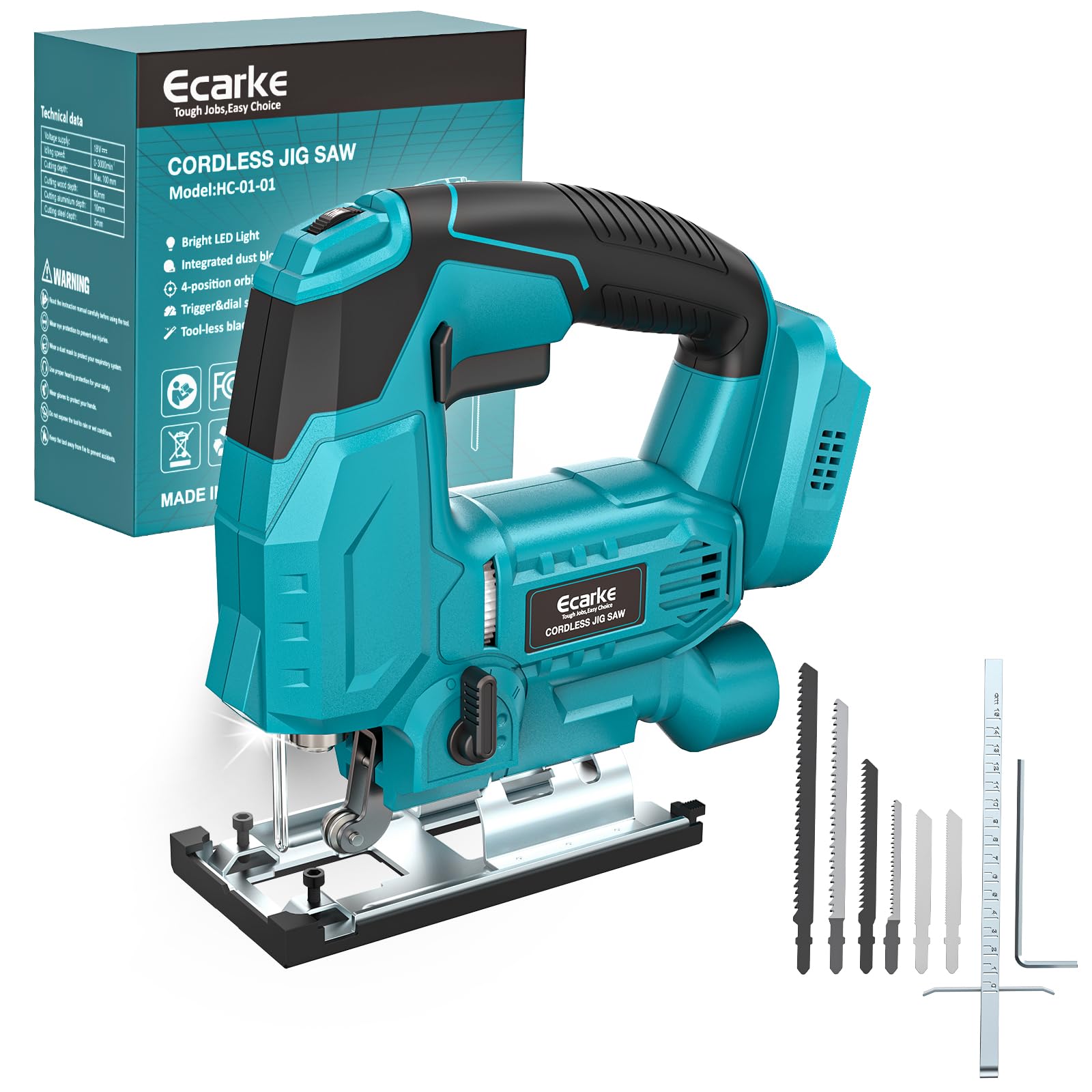 Ecarke Cordless Jig Saw Compatible With Makita 18V Battery, 4 Orbital Sets, 6 Variable Speeds Control, Dust-Blowing, ±45° Bevel Cuts, LED Light and 6PCS Blades For Straight Curve Cutting, Tool Only