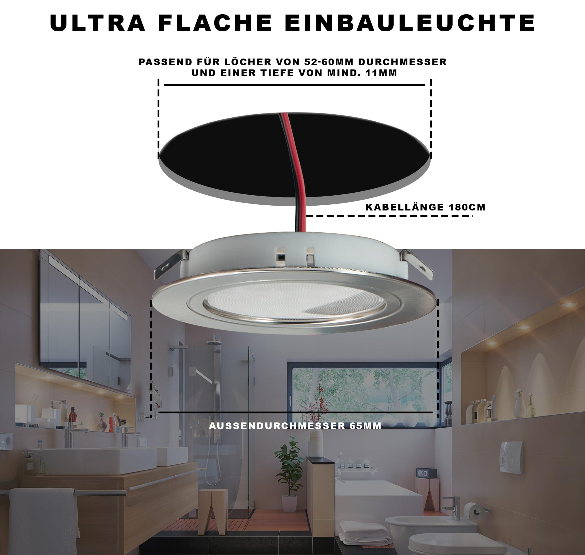 JungesLicht- 4x LED Möbel Einbaustrahler – für 55-60mm Bohrungen, ultra flach (10mm), 2Watt 12V 200Lumen, Warmweiß 3000K – Inkl. Trafo & Anschlusskabel – Einfache Steck-Montage, Möbelleuchte