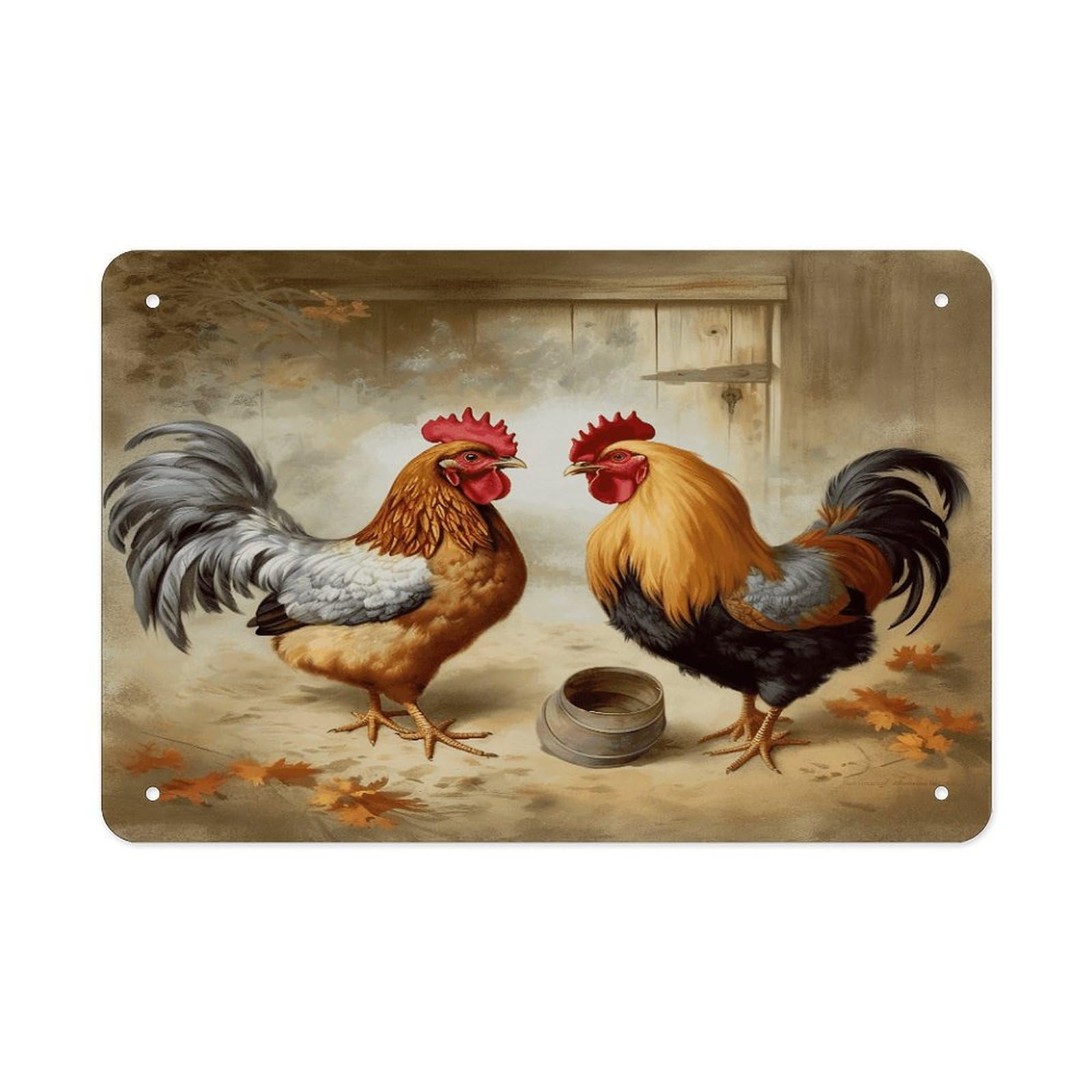 Chicken And Rooster Print Metal Tin Sign 12"x8" Wall Art Prints Poster Decorative Picture Metal Signboard Decor Painting Folded Edge Iron Sheet Painting with Holes for Wall Decor