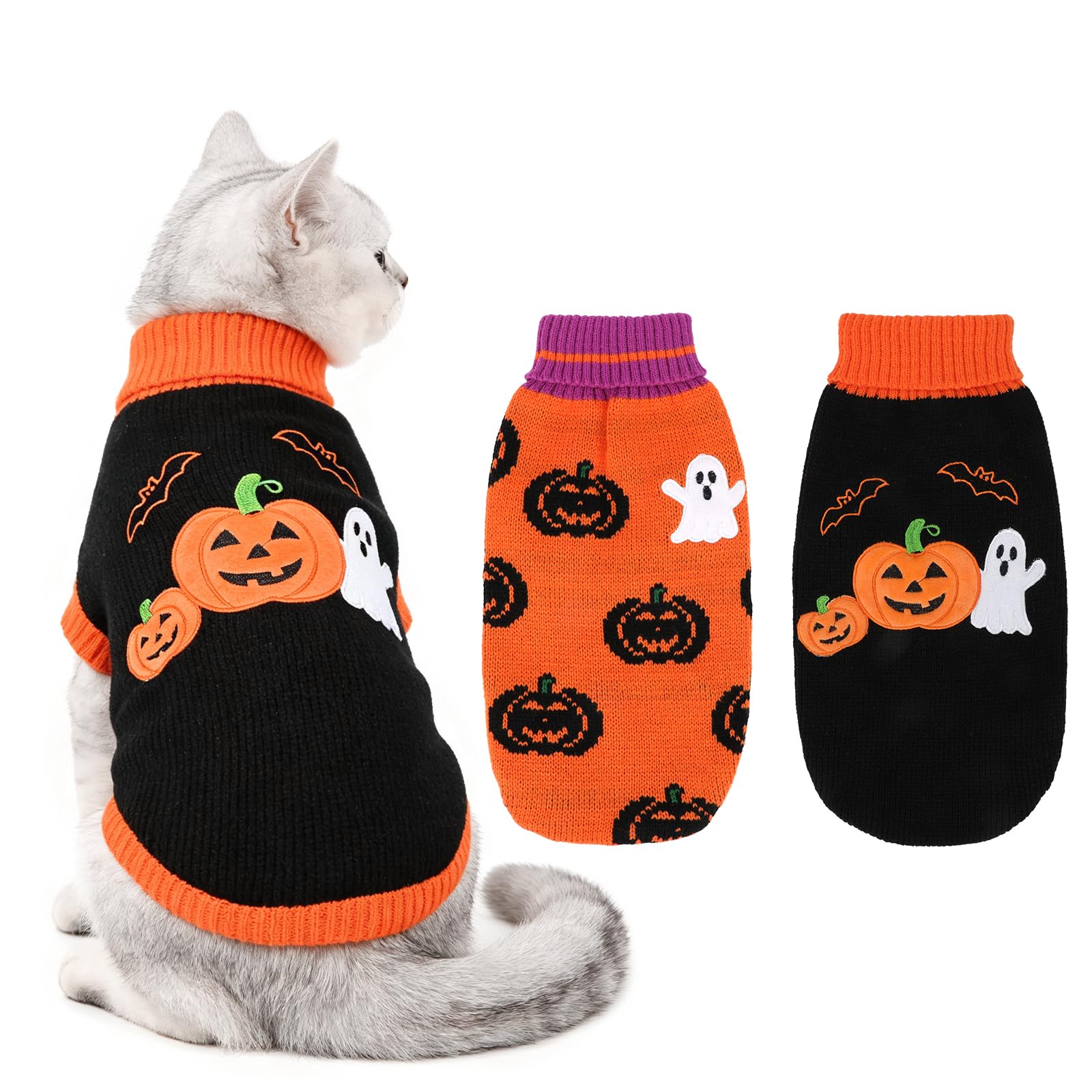 Cat Sweater Halloween - 2-Pack Pumpkin & Ghost Knit Sweaters M