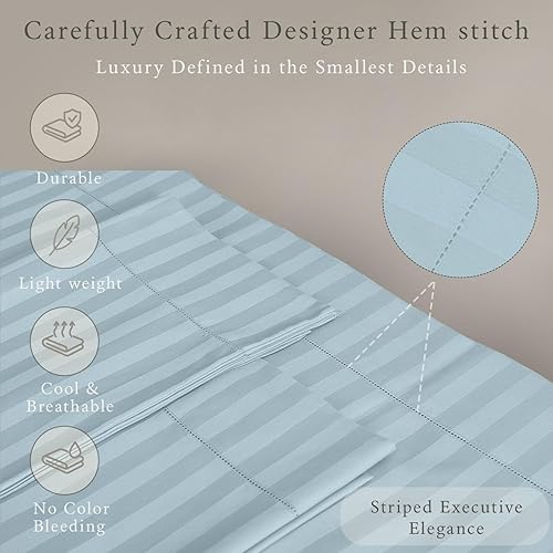 Miniatura 4 de Threadmill Juego de sábanas de algodón de lujo de 500 hilos tamaño King de 4 piezas, sábanas transpirables color azul claro con bolsillo profundo