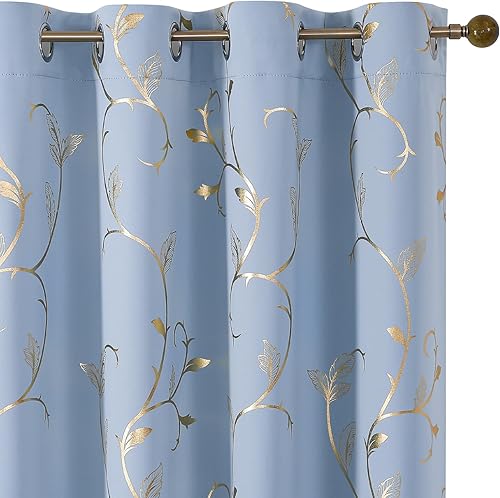 Miniatura 55 de BUHUA Cortinas opacas con estampado de flores, cortinas de ventana con aislamiento térmico, patrón de vid elegante en plata para habitación de bebé,