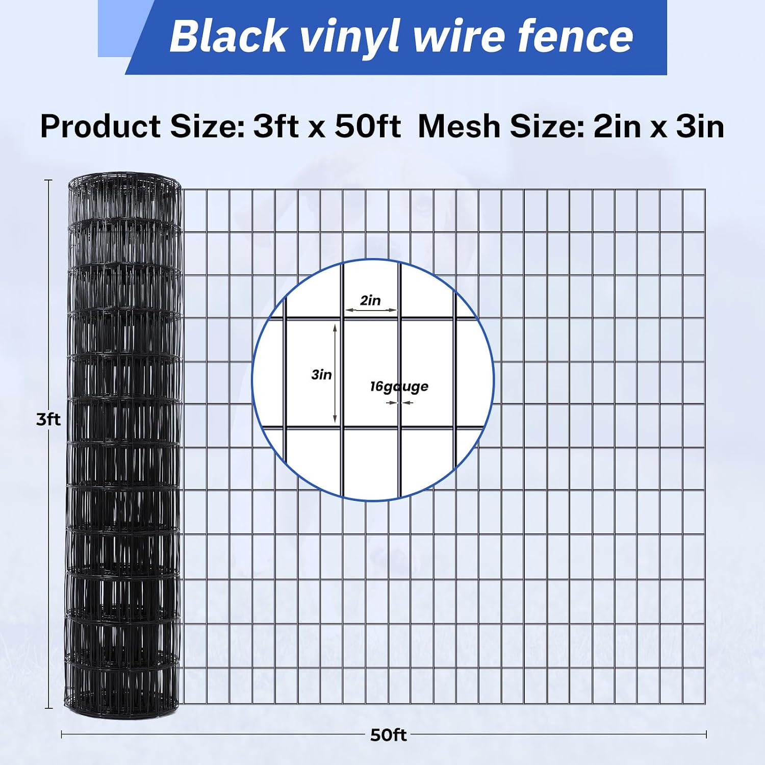 2×3in 36''×50' Welded Wire Mesh, Chicken Wire Mesh Metal Garden Plant Fencing, Black PVC Coated Raised Garden Bed Plant Supports Poultry Netting, Welded Fence Rabbit Cage