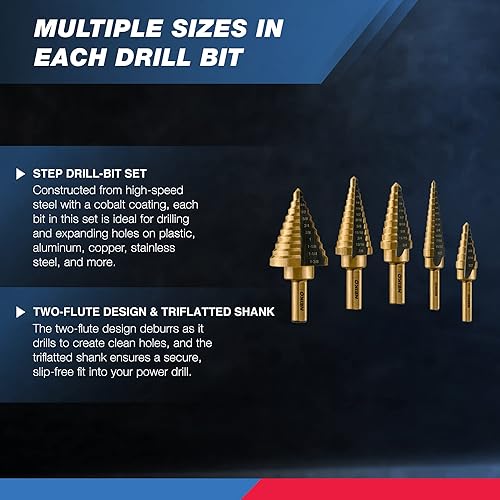 Miniatura 2 de Neiko - Juego de brocas escalonadas de titanio 10197A de acero de alta velocidad  Juego de 5 brocas  50 tamaños en total