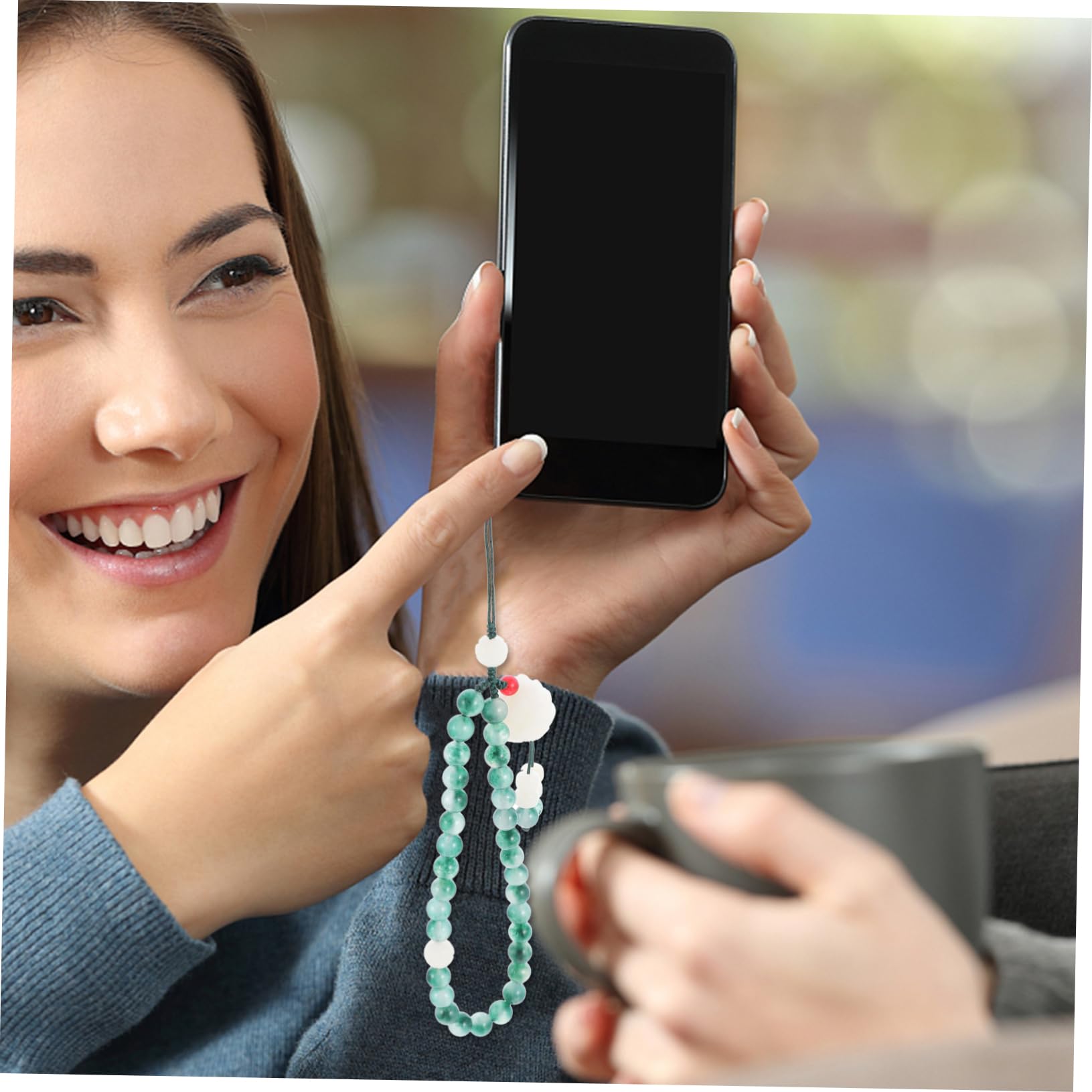 HOMSFOU Ciondolo a Catena Per Cellulare Scrivania Porta Telefono Cordino Di Perline Catena Di Telefonia Mobile Cinturino Per Telefono Corto Cordino Per Telefono Green