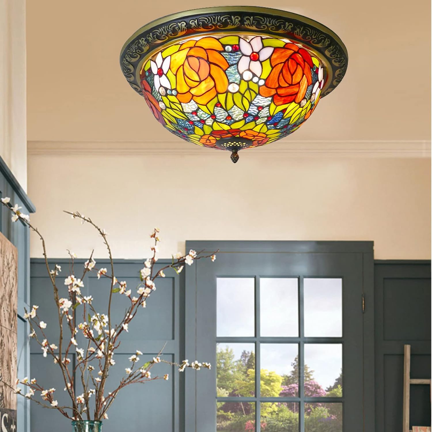 Tiffany Style Bedroom Ceiling Lights Pastoral Rose Stained Glass Ceiling Lamp Retro Traditional Flush Mount Ceiling Light Fixture for Living Room Hallway Foyer,12inch