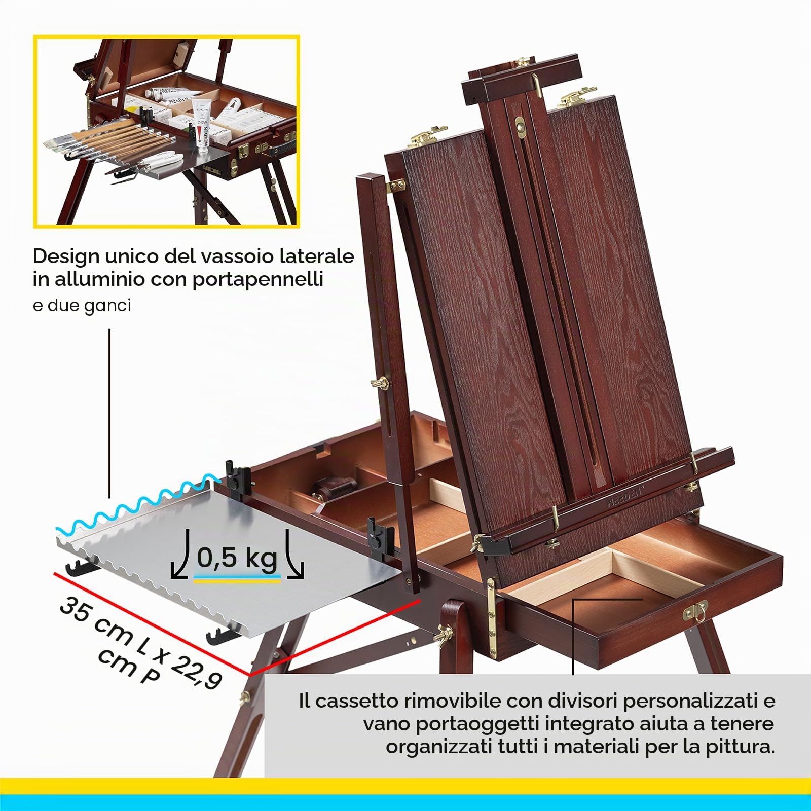 MEEDEN Cavalletto Francese, Scatola da Cavalletto per Schizzi in Legno di Faggio con Gambe Pieghevoli, Cavalletto da Treppiede per Artista Portatile per Schizzi all'Aperto