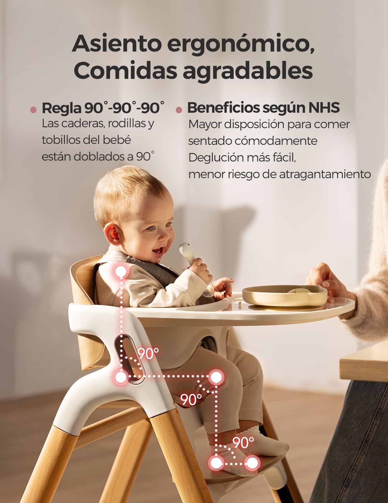 Momcozy Trona Evolutiva de Madera Narural para Niños y Adultos hasta 140 kg | Tronas de Bebe ajustable y ergonómica, con bandeja desmontable de grado alimenticio