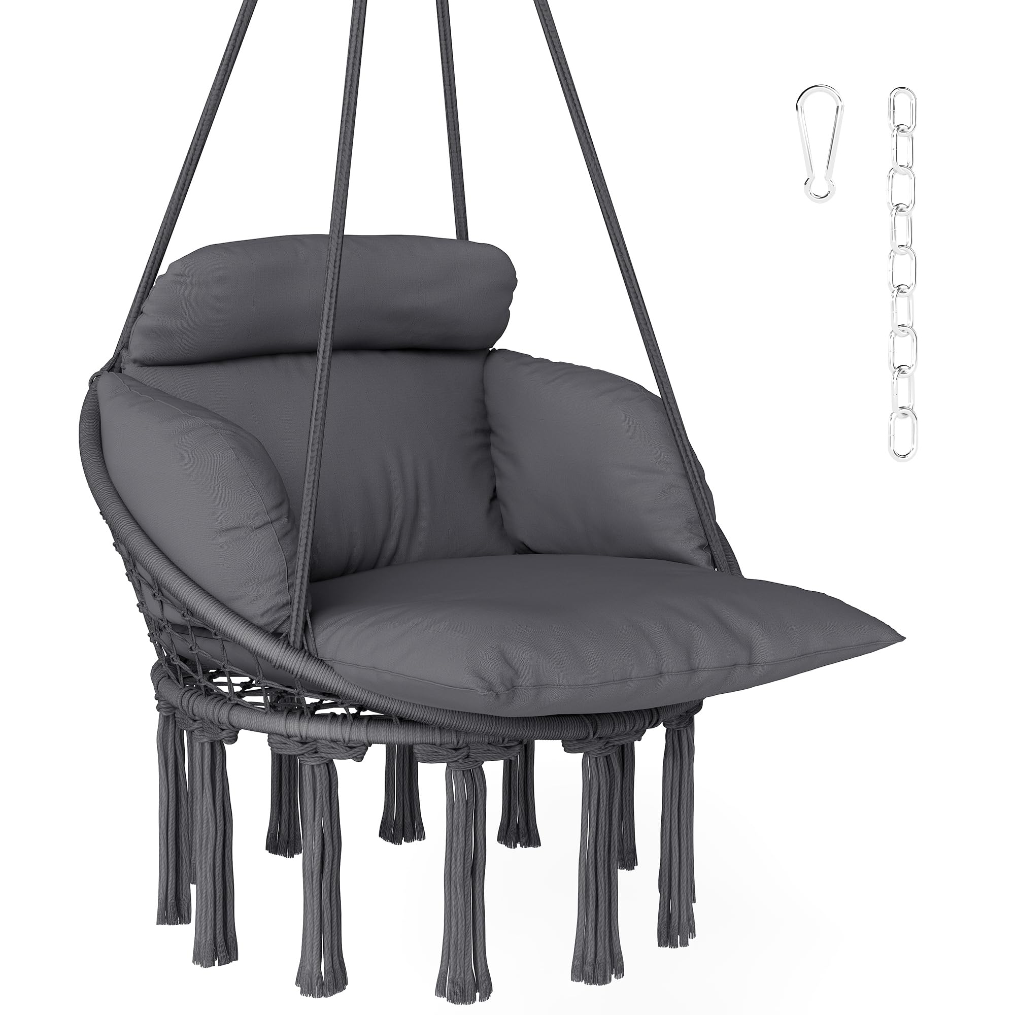 Outsunny Chaise Suspendue avec Grand Coussin rembourré, Fauteuil Suspendu à Franges, kit de Suspension Inclus, hamac Cadre en Acier, Tissage serré, Gris foncé