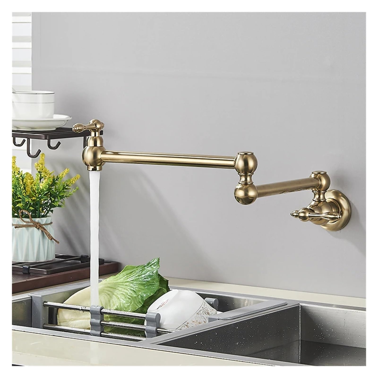 Grifo de cocina de fregadero de pared doble boca plegable de latón oro