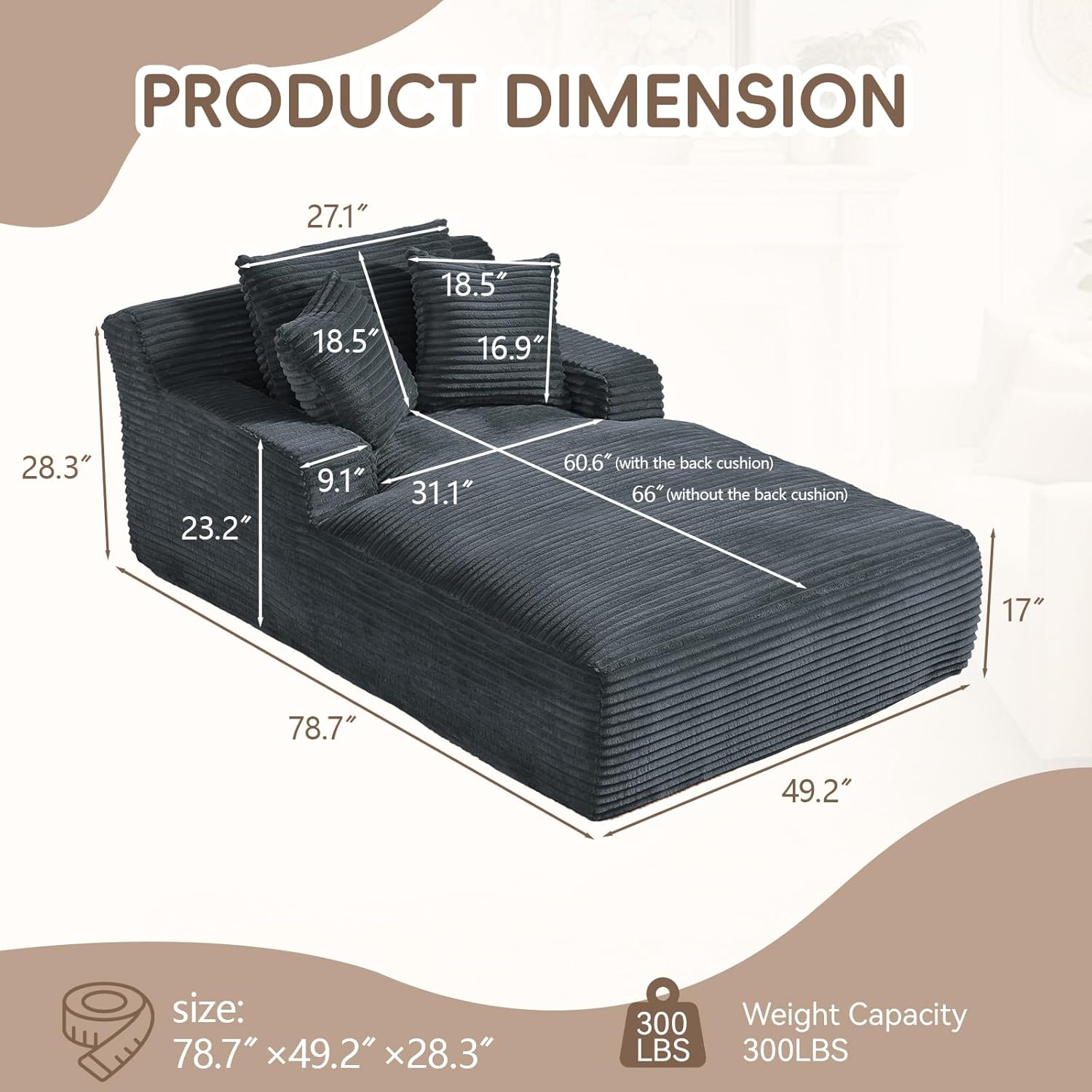 78.7" Oversize Chaise Lounge Chair Indoor,Deep Seat Boneless Sleepe Couch Chair,Corduroy Oversized Reading Chairs for Living Room Bedroom, No Assembly Required(Dark Gray)