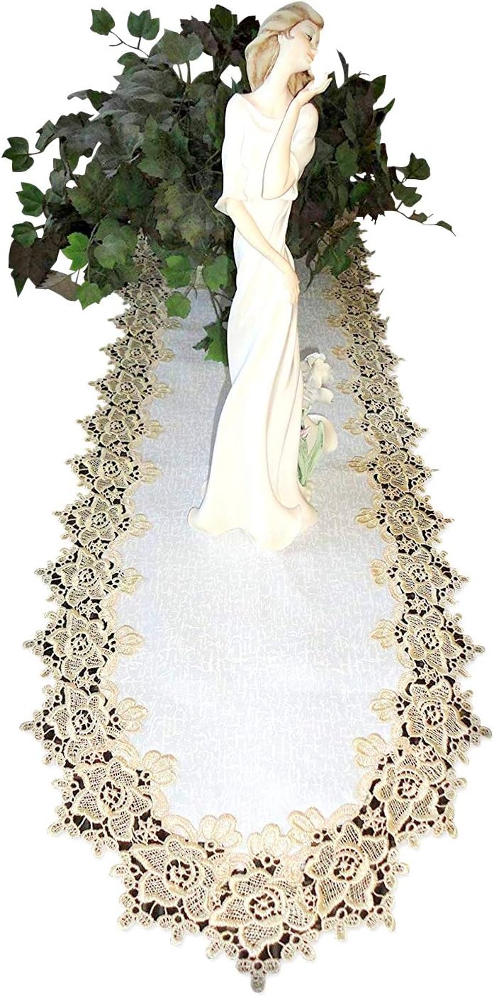 Galleria di Giovanni Rose Lace Table Runner Dresser Scarf 54" Soft Gold & White Doily