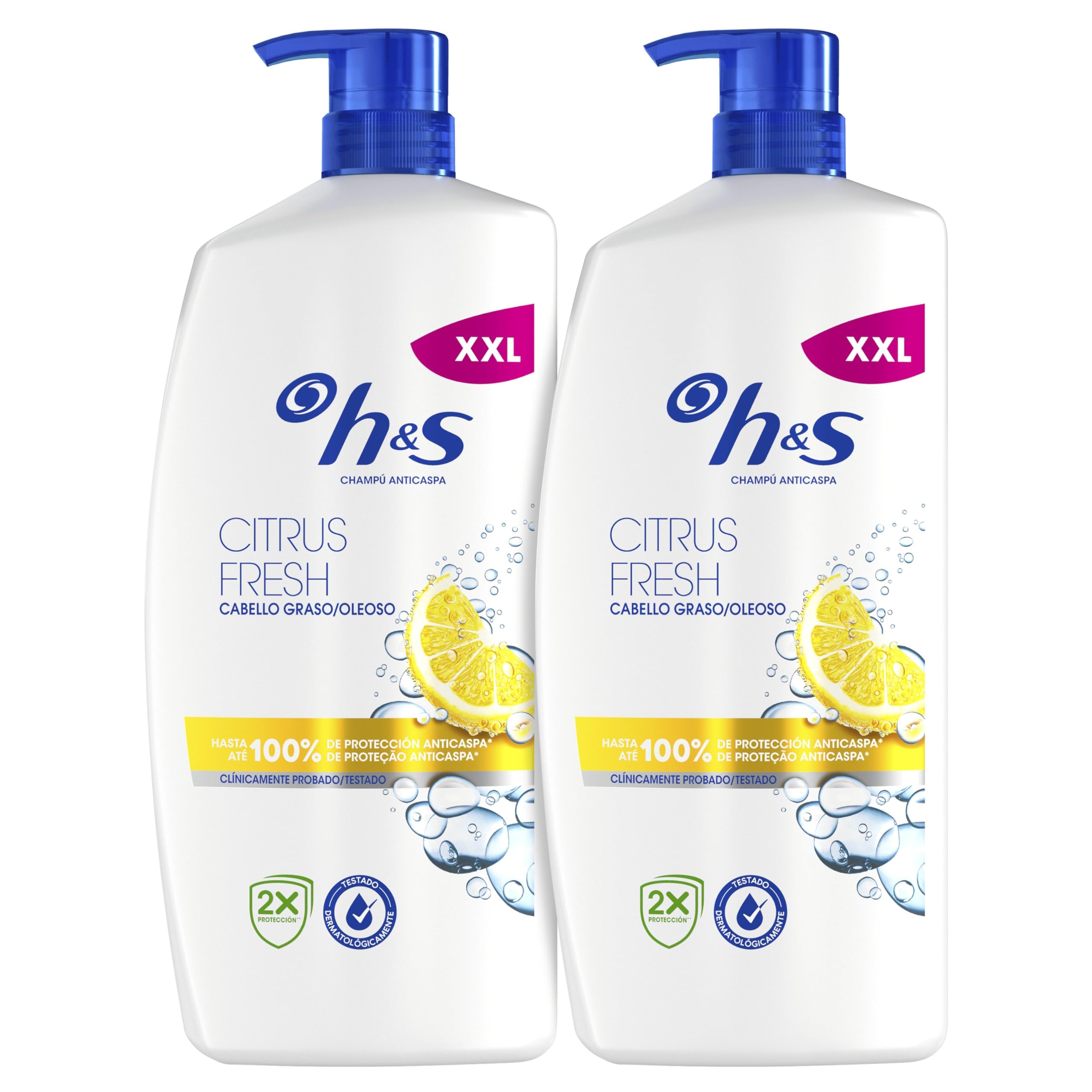 H&S Citrus Fresh Champú Anticaspa para Pelo Graso 2x1000ml, con Dispensador. Hasta 100% de Protección Anticaspa, Clínicamente Probado. Frescor y Limpieza con Aroma a Cítricos, New Version