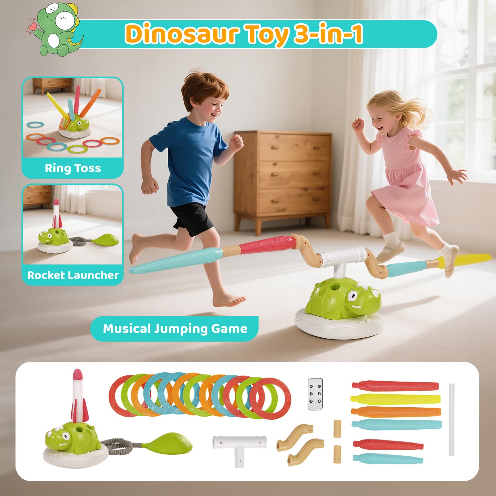 3 in 1 Musical Garden Jump Sportspielzeug, Outdoor Dinosaurier Kinder Launcher Sportspiel, Musical Jump, Ring Toss Game, Rocket Launcher Spielzeug für Kinder im Alter von 3-12 Jahre alt