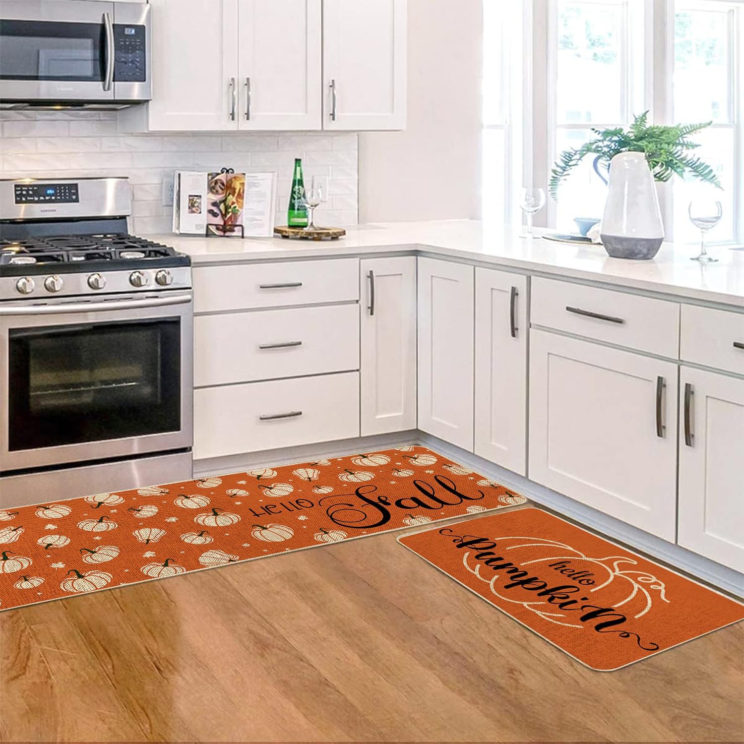 VAKADO Fall Kitchen Orange Pumpkin Mats Rugs Set of 2,for Decor Home Thanksgiving Floor Door Decorations Stain Fade Resistant Non-Slip Rubber Backing Rug(17x29 Inch,17x47 Inch)