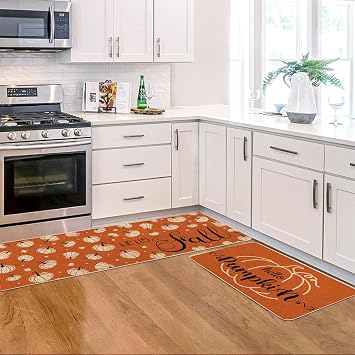 VAKADO Fall Kitchen Orange Pumpkin Mats Rugs Set of 2,for Decor Decorative Home Thanksgiving Pottery Barn Floor Door Bathroom Stain Fade Resistant Non-Slip Rubber Backing Rug(17x29 Inch,17x47 Inch)