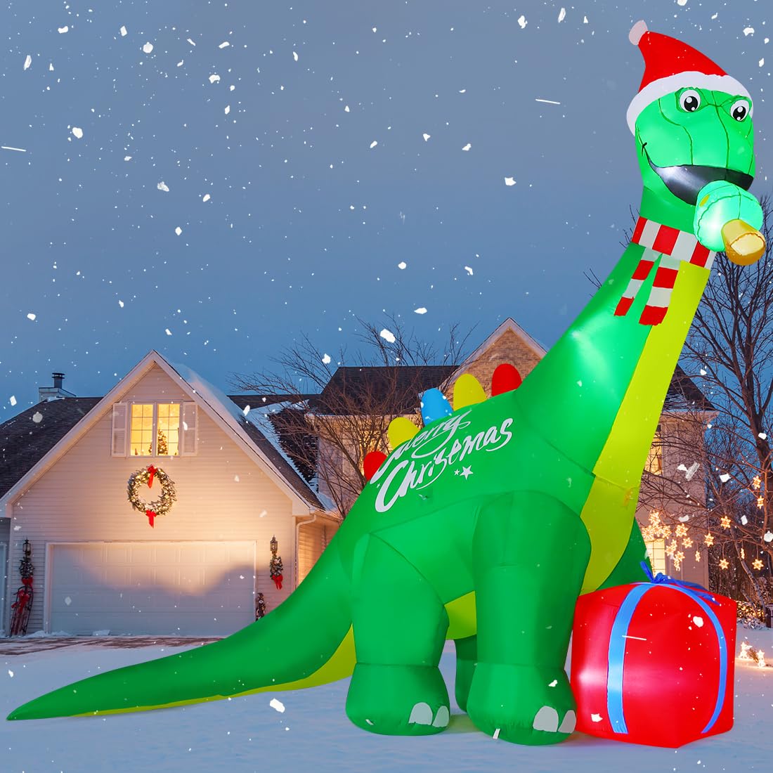GOOSH Boże Narodzenie nadmuchiwane dinozaur dekoracje zewnętrzne wysadzane podwórko olbrzymi zielony dinozaur i czerwone pudełko prezentowe z wbudowanymi diodami LED na imprezę podwórko ogród trawnik