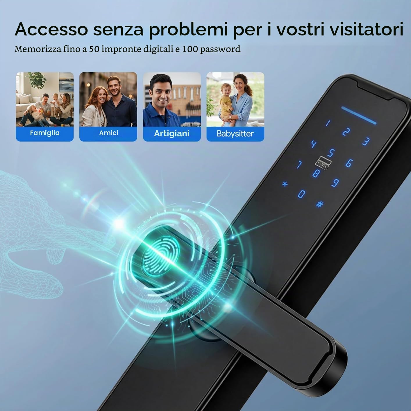 Serratura per porta intelligente 5 in 1 - Serratura elettronica intelligente con impronta digitale + codice + carta + chiave + password temporanea - Controllo tramite app Tuya - Per porte da 30 a 50