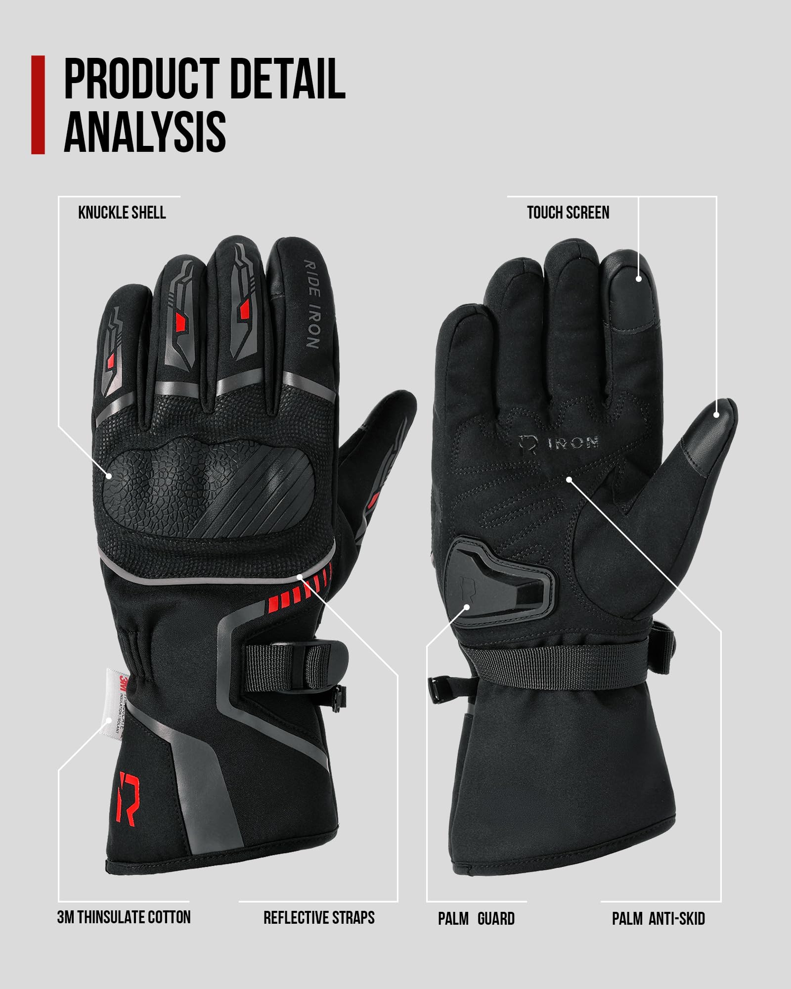 RIDEIRON Guantes Moto Invierno Hombre Mujer,Resistentes al Viento, Ligeros y cálidos con Pantalla táctil para Motociclismo, Senderismo y Otros Deportes al Aire Libre
