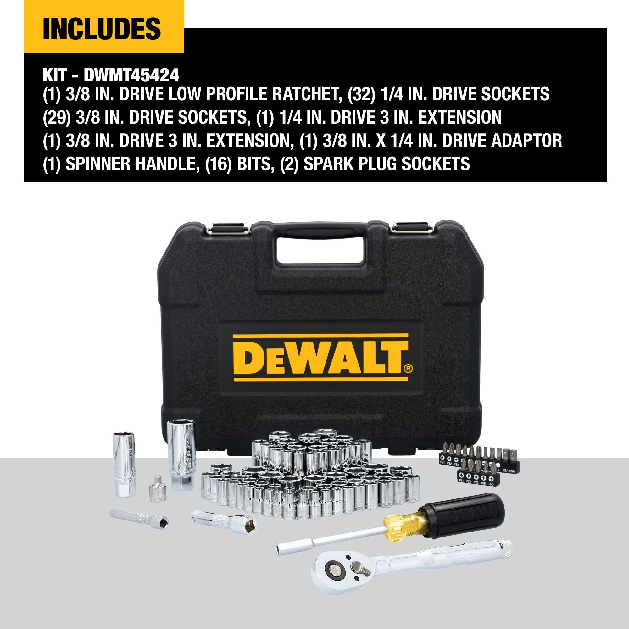 DEWALT DWMT45424 Ensemble d'outils de mécanicien, 84 pièces SAE/métriques avec cliquet à profil bas 72 dents, entraînement 6,35 mm