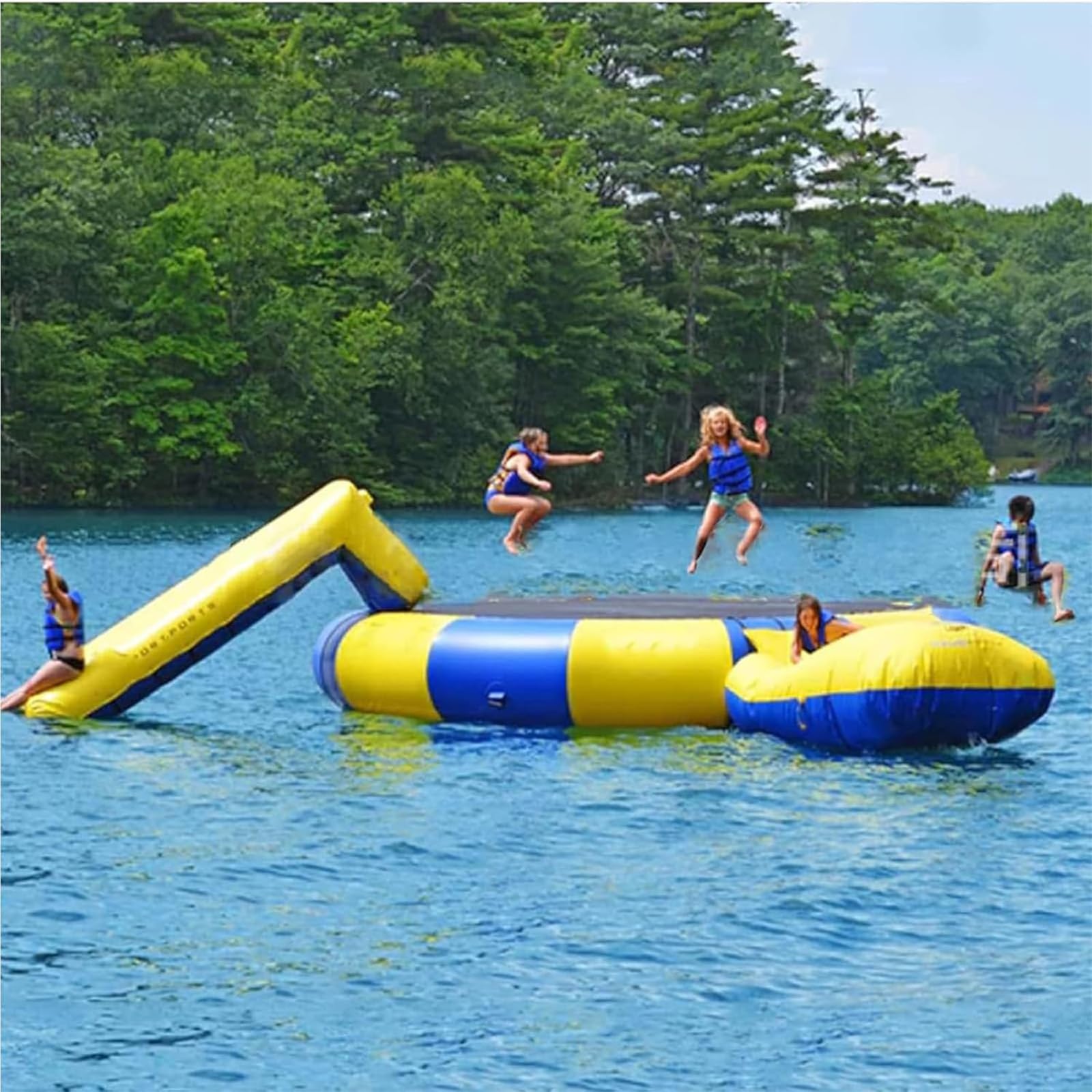 Inflatable Water Trampoline, Lake Trampoline, Water park/10ft 13ft 16ft, Adult Floating Bed (with 4-Step Rope Ladder), Slide, Jumping Bag, Inflatable Bouncing Platform (Blue Yellow, 16FT/5M)