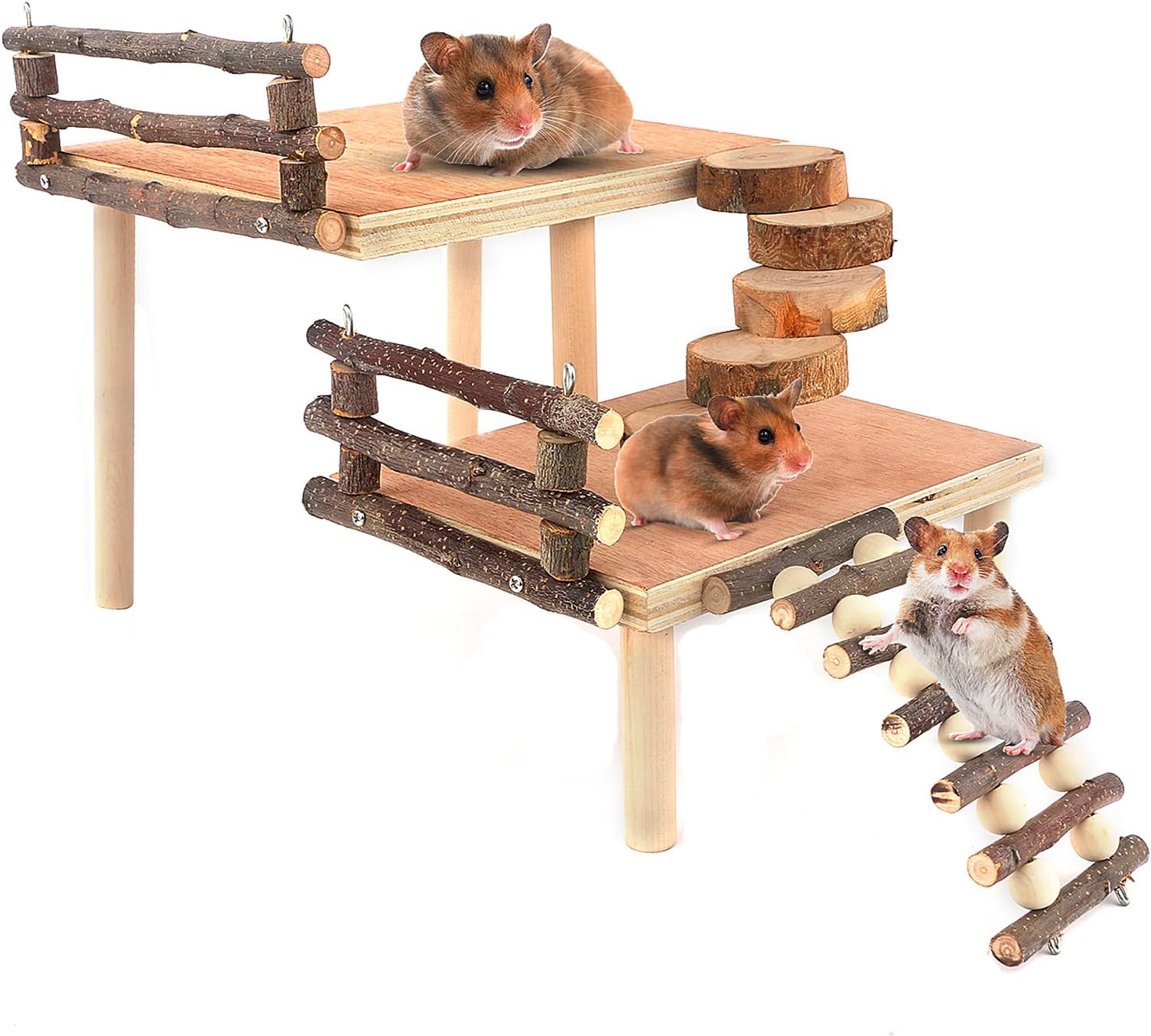 Hamster Climbing Toys,Toys Cage Accessories Two-Tier Hamster Playground Activity Platform with Bridge Natural Apple Wood Chew Toys for Guinea Pig,Gerbils,Chinchillas,Bunny,Rats