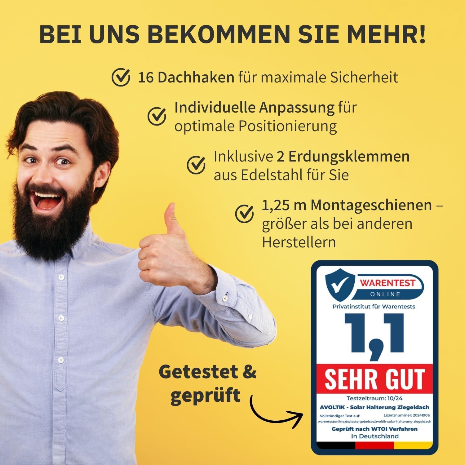 Avoltik Solar Halterung Ziegeldach I Set für 4 PV Module 30-45mm I Solarmodul Halterung Balkonkraftwerk I Solarmodulbefestigungsset für Ziegeldächer aus Edelstahl 1.4301 I PV-Halterung Montageset