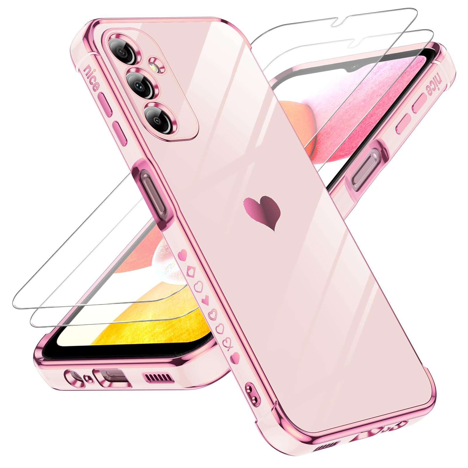 LeYi for Galaxy A14-5G Phone Case: Screen Protector [2 Pcs]+ Full Camera Lens Protection, Love Heart Plating Girly Luxury Shockproof Cell Cover Basic funda para Samsung Galaxy A 14, Pink