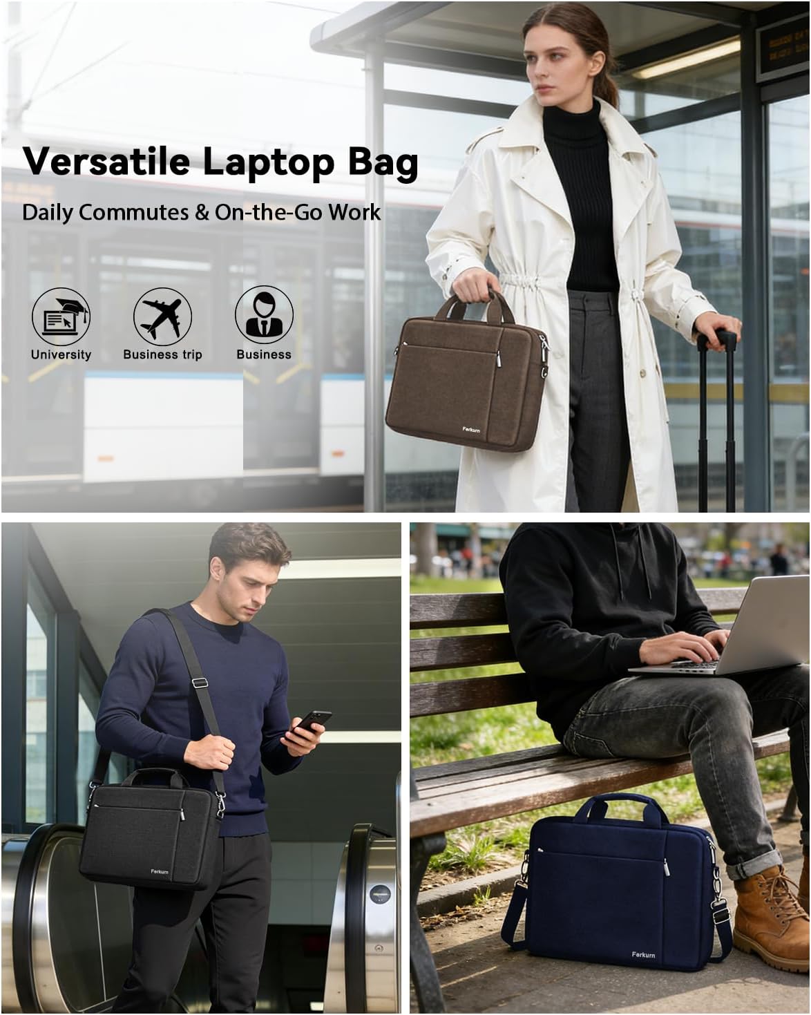 Ferkurn Laptop Bag Case for Women Men Computer Bag Compatible with HP Envy Pavilion Omen/LG Gram/MSI/Dell Inspiron XPS/Lenovo/Acer, Shoulder Strap Carrying Messenger Briefcase, Brown, 17 17.3 Inch