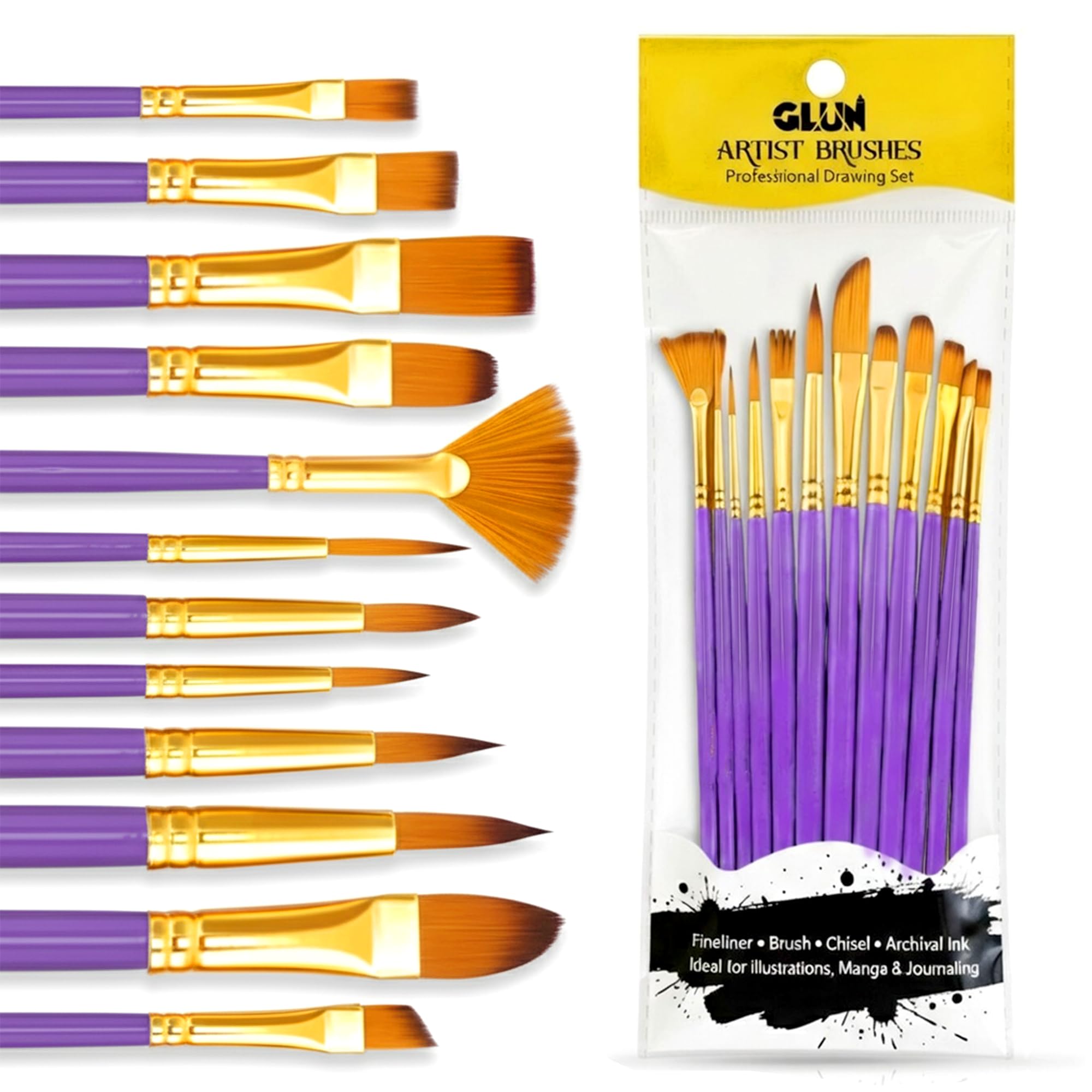 12 Different Professional Paint Brush Set for Artists, Purple Colour Students use Paint Brushes, Wide & Fine Tip, Nylon Hair Artist Drawing Brushes