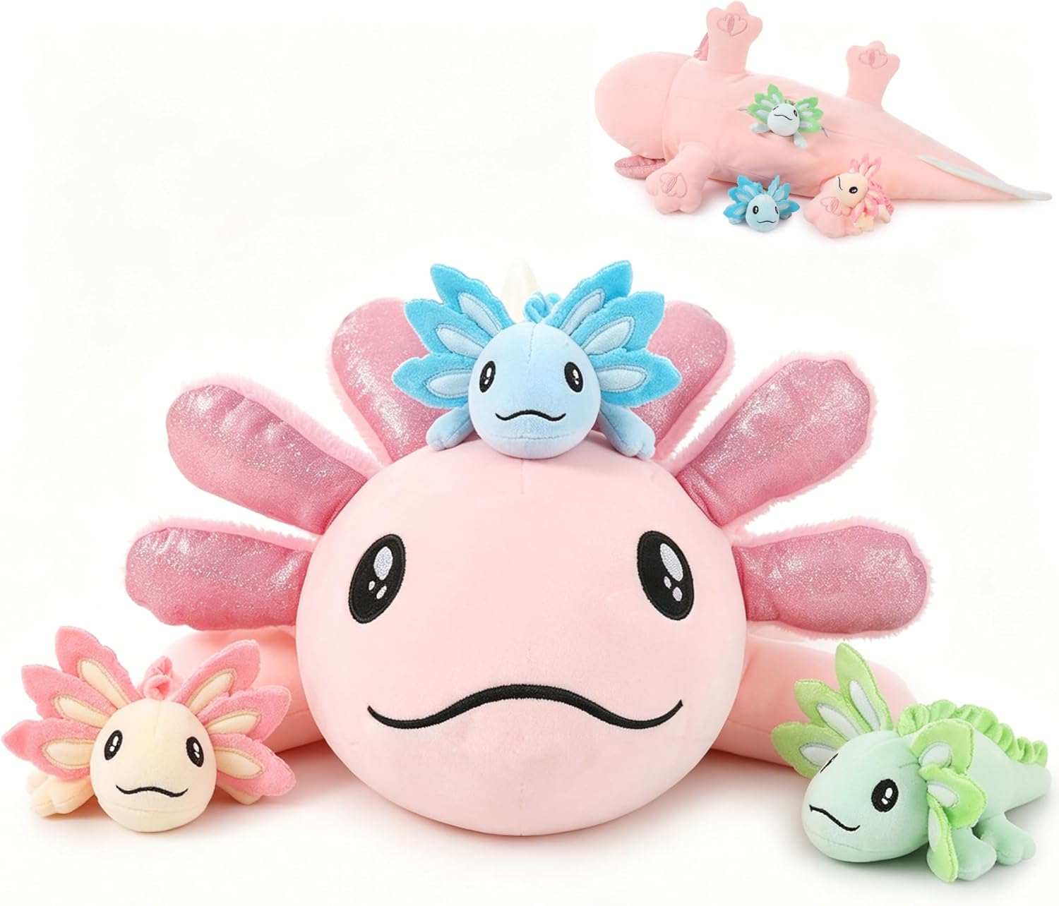MaoGoLan Axolotl Plush with 3 Babies 33" Cute Stuffed Animals Salamander Plushies 4 PCS, Mom and Baby Plush Toy Set, Soft Axolotl Gifts for Girls Boys Kids Birthday Christmas