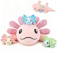 MaoGoLan Giant Axolotl Plush with 3 Babies Inside, 33 Inch Mommy Axolotl Stuffed Animal Set, 4 PCS Mom and Baby Salamander Plush Toy, Soft Kawaii Axolotl Stuffy Pillow Gift for Kids Girls Boys