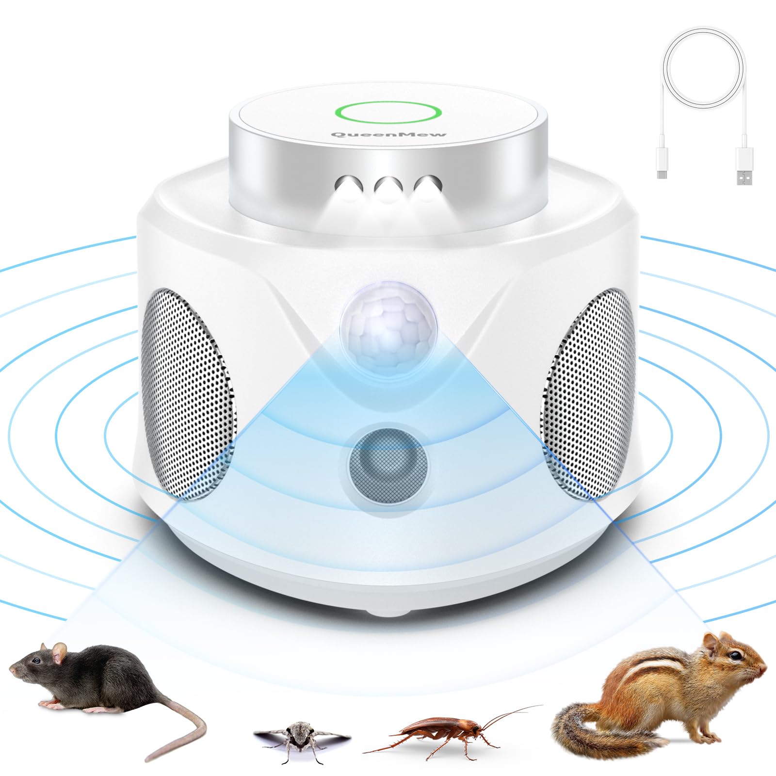 Ultrason Souris et Rats, Repulsif Souris Ultrasons 360° Anti Souris avec Lumière LED Appareil Ultrason pour Nuisible Rongeurs Plug in Répulsif Intérieur Dispositif Anti Nuisible Cafards pour Jardin