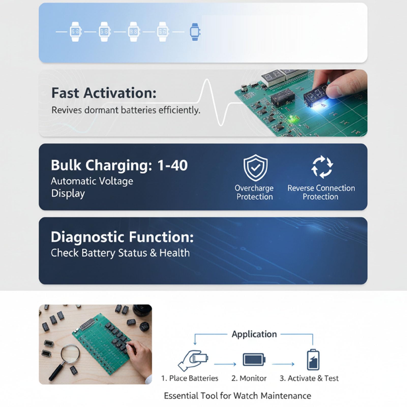 Carte D'activation de Batterie de Montre, Testeur pour 1 à 40 Piles avec Indicateurs LED, Compatible avec S1 à S10 Ultra
