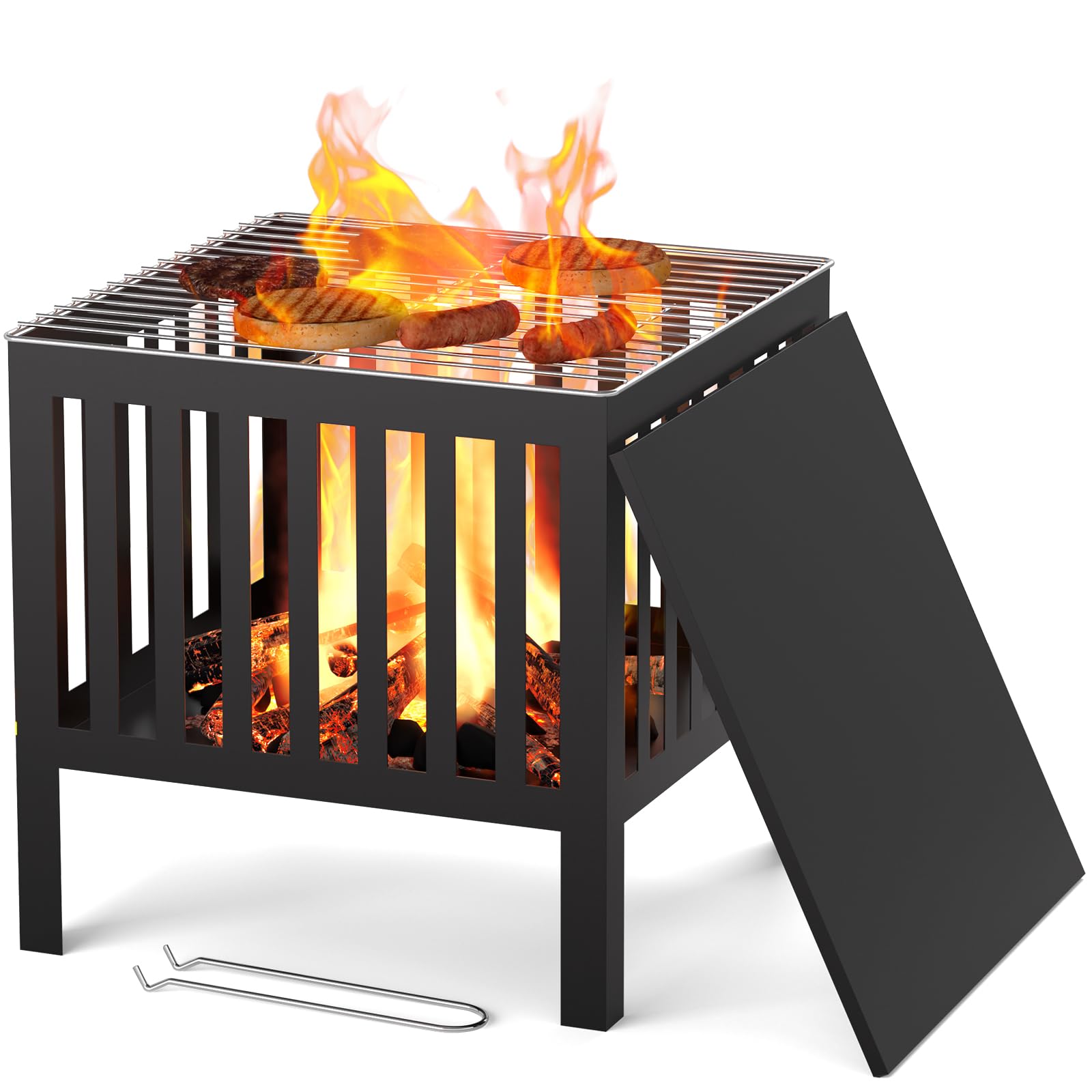 Small Outdoor Fire Pit, Portable 15.7in Square Metal Firepit Stove Backyard Patio Garden Fireplace for Camping, Outdoor Heating, BBQ, Bonfire and Picnic, Black