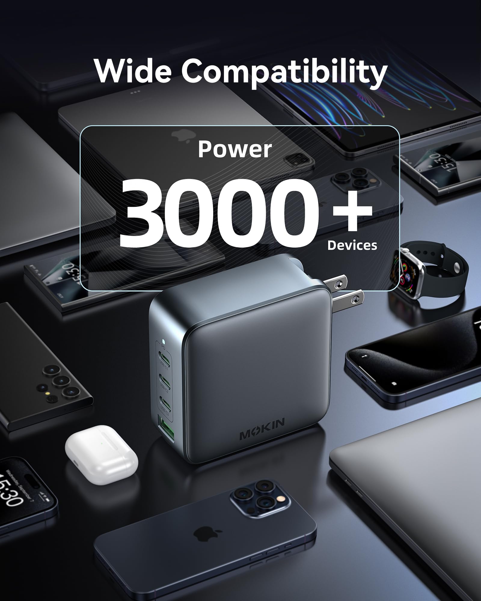 Cargador USB C de 100 W, cargador GaN de 4 puertos USB C estación de carga rápida plegable cargador de pared compacto adaptador de corriente para MacBook Pro/Air, Dell XPS, iPad Pro, iPhone 16/15,