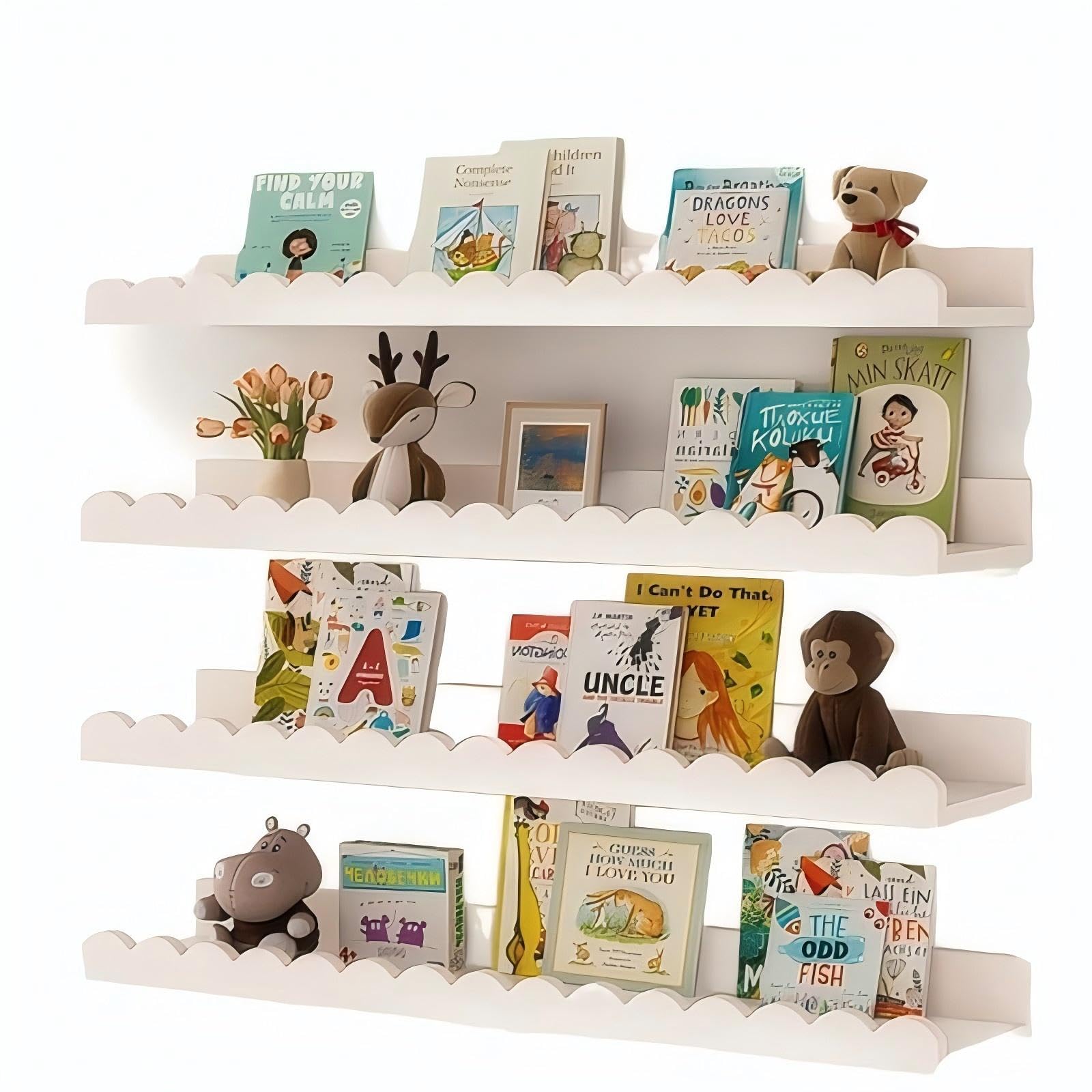Nursery Book Shelves, 4-Pack Wood Floating Shelves for Wall Kids, Scalloped Shelves, Wall Book Shelves for Bedroom Kids, Toddler Room, Baby Room, Nursery Decor (white, 40cm)