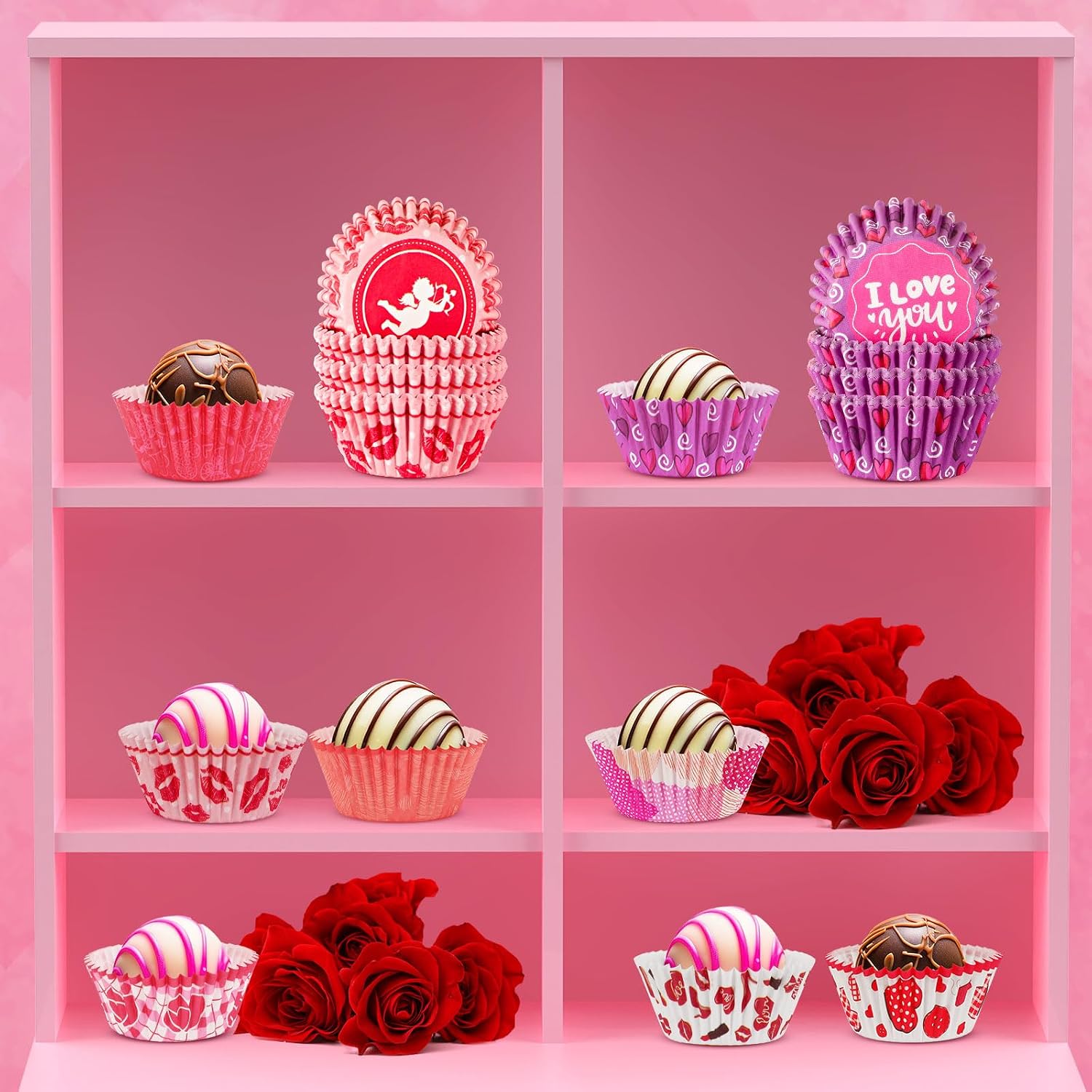 AUGSUN 800pcs Valentine's Day Mini Cupcake Liners 8 Style Pink Red