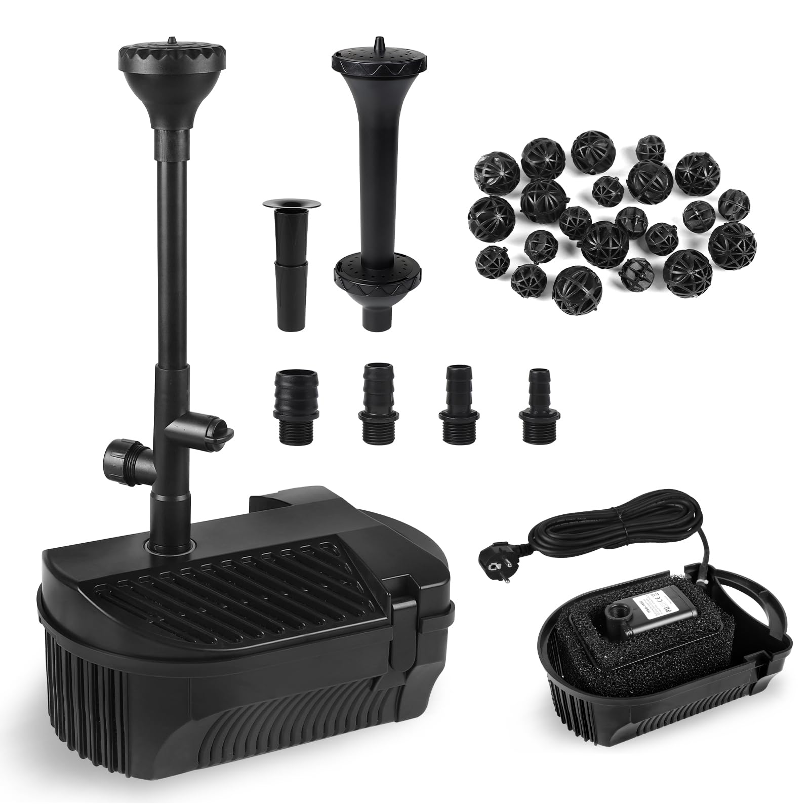 EXLECO Pompe de bassin d'extérieur avec filtre et kit de fontaine 2450 l/h 50 W - Pompe de fontaine - Filtre de bassin bio - Kit complet avec pompe - Système de filtration - Bassin - Pompe de ruisseau