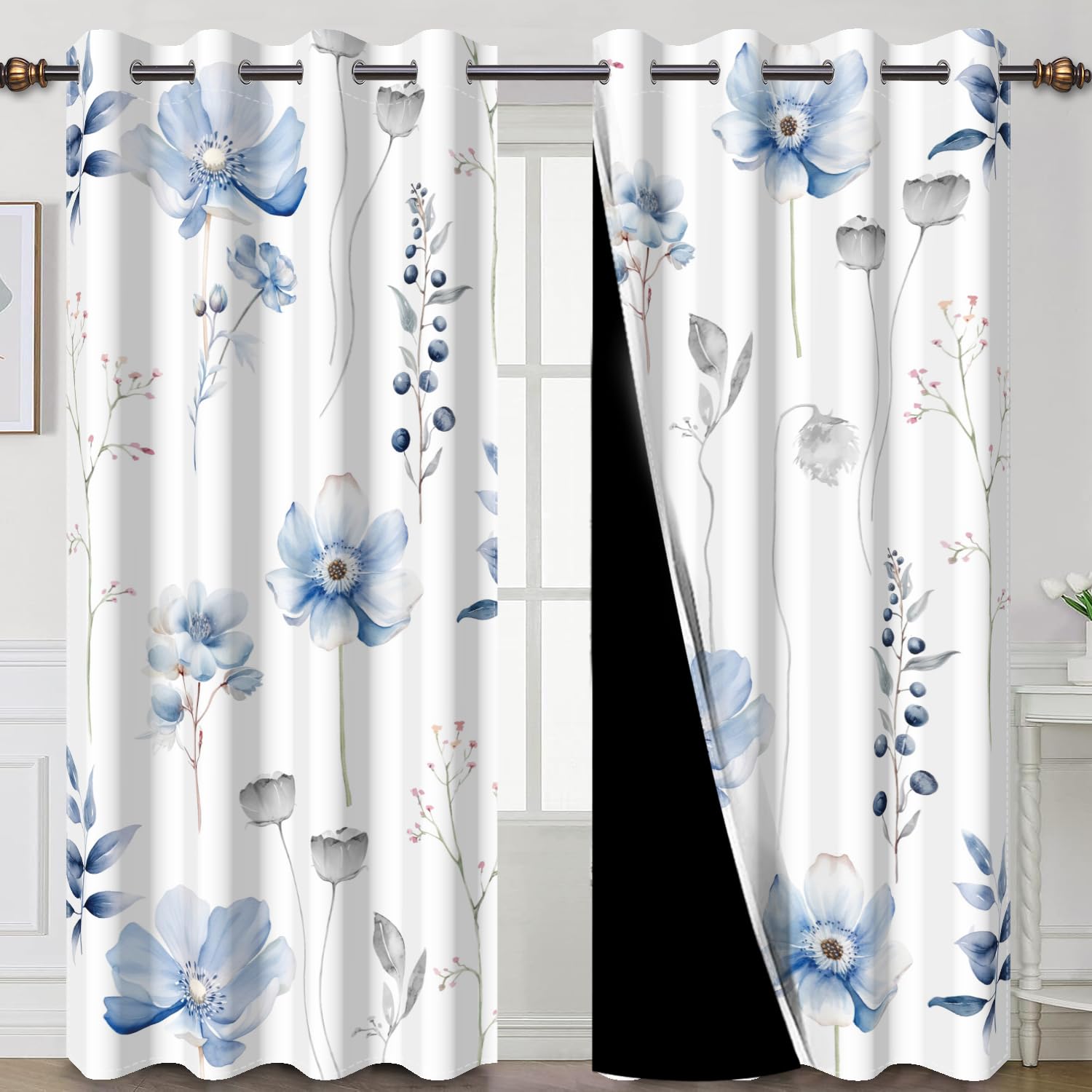 DASHAN Blue Floral Blackout Curtains for Bedroom 84 inch Length 2 Panels Set Watercolor Flowers Room Darkening Curtains for Living Room Plants Thermal