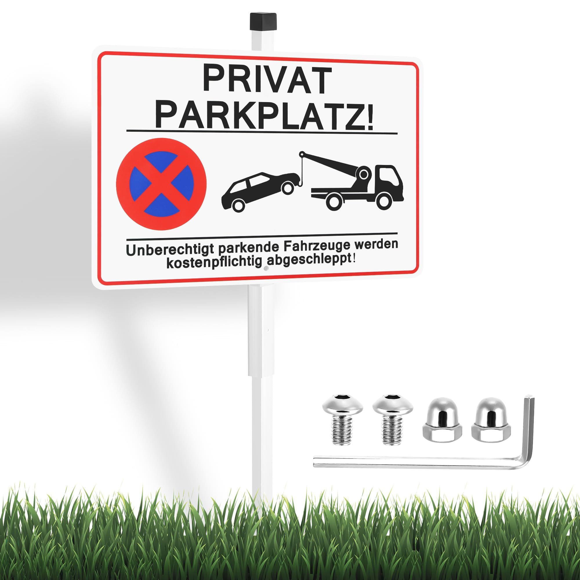 JIZZU Privatparkplatz Schild mit Pfosten, 30x20 cm Parken Verboten Schild, Warnschild Aluminium, Unberechtigt Parkende Fahrzeuge Werden Kostenpflichtig Abgeschleppt!