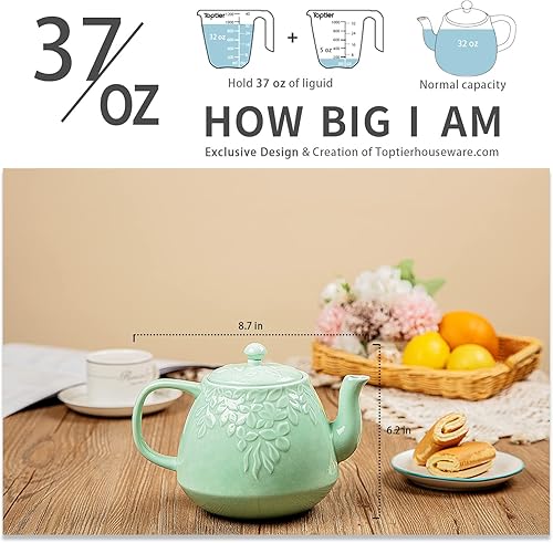Miniatura 3 de Toptier Tetera de hojas, tetera de porcelana con infusor y tapa, tetera de cerámica de hojas florecientes y sueltas, 37 onzas, verde claro