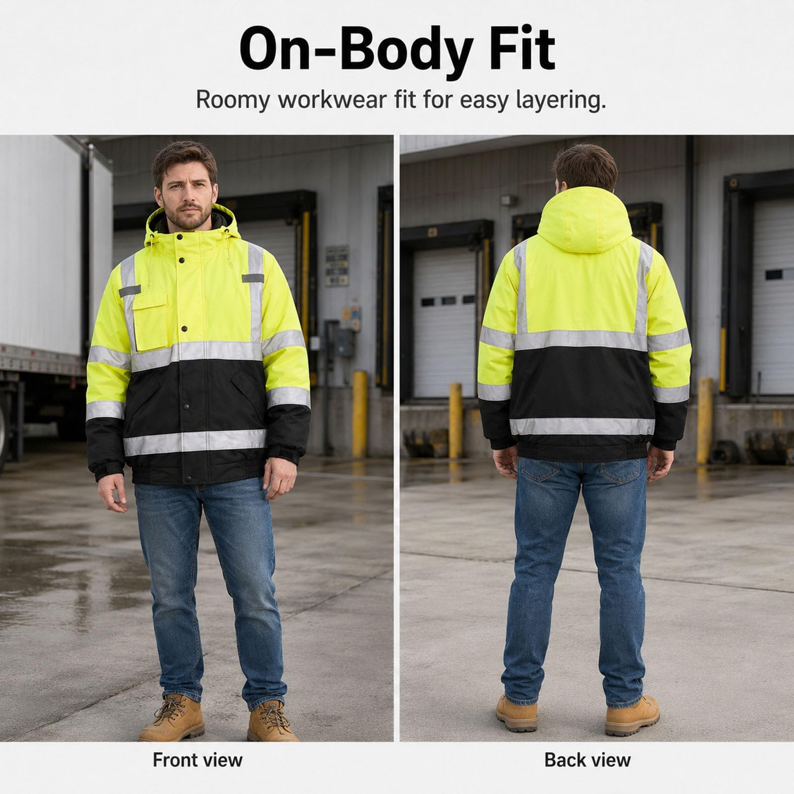 Chaqueta Alta Visibilidad Invierno Hombre, Chaqueta De Trabajo Reflectante | Forro Grueso De Algodón, Cuello Alto Cortavientos, Diseño Con Capucha, Cierre De Cremallera Suave(S)
